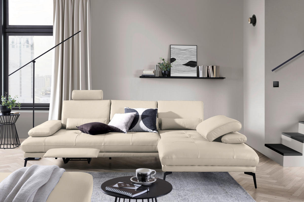 ECKSOFA in Echtleder Beige  - Beige/Schwarz, Design, Leder/Metall (273/187cm) - Celina Home