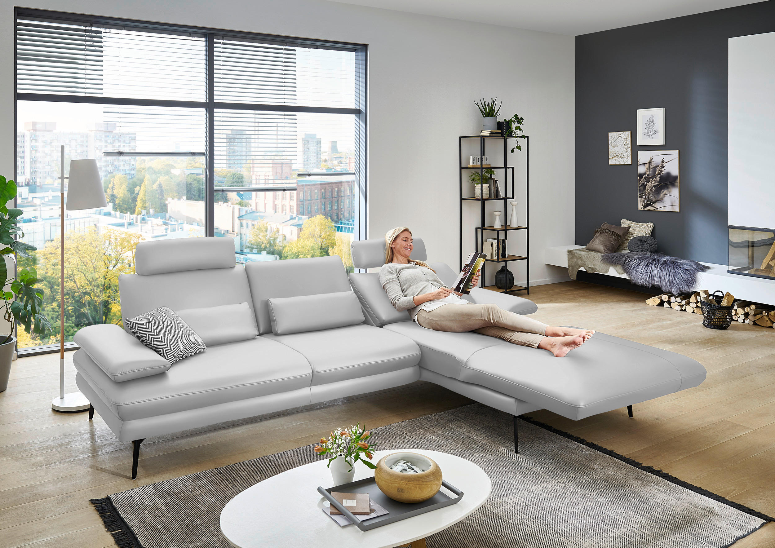ECKSOFA in Echtleder Weiss  - Weiss/Schwarz, Design, Leder/Metall (310/180cm) - Dieter Knoll