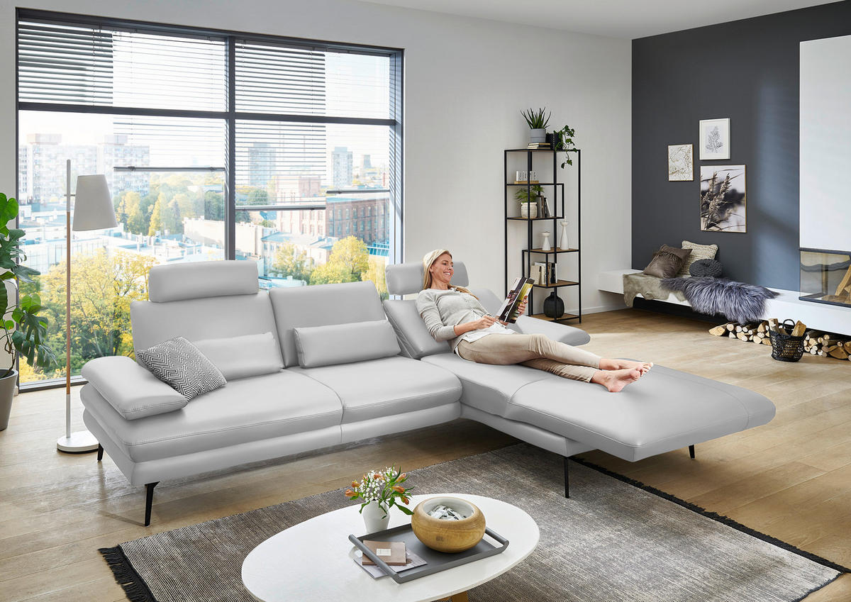 ECKSOFA in Echtleder Weiss  - Weiss/Schwarz, Design, Leder/Metall (310/180cm) - Dieter Knoll