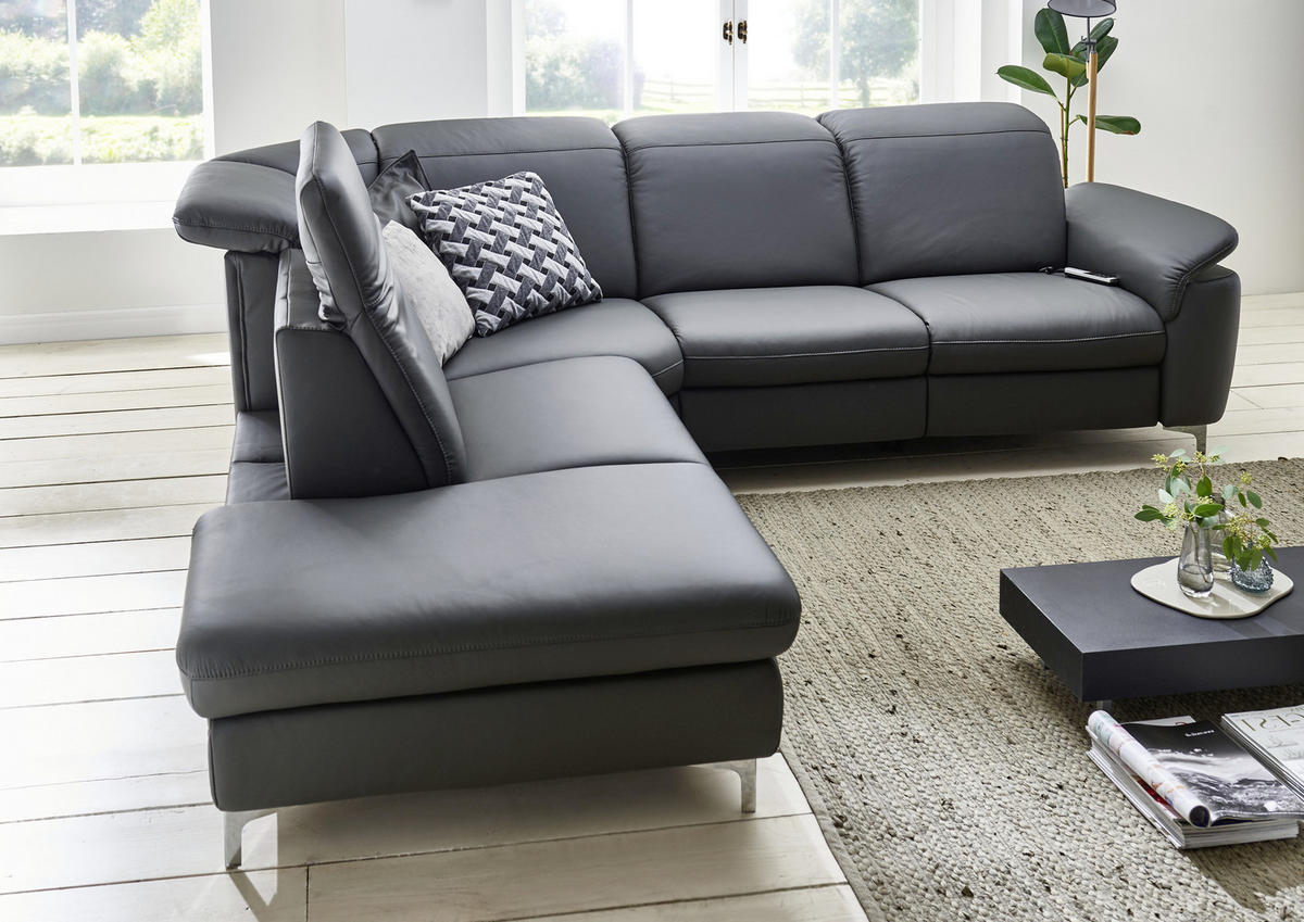 ECKSOFA Anthrazit Echtleder  - Chromfarben/Anthrazit, KONVENTIONELL, Leder/Metall (242/289cm) - Cantus
