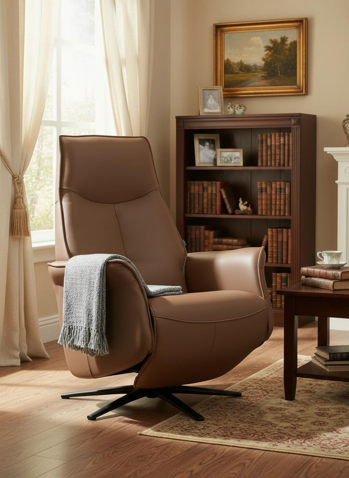 RELAXSESSEL Lederlook Echtleder    - Schwarz/Kupferfarben, Design, Leder/Holz (79/110/83cm) - Livetastic