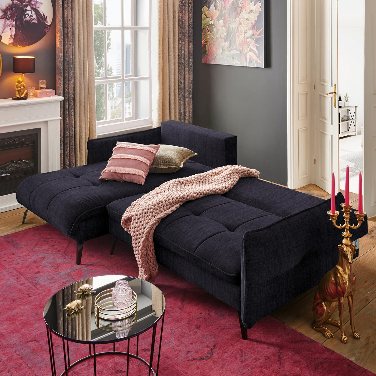 ECKSOFA in Flachgewebe Schwarz  - Schwarz, Design, Textil/Metall (180/273cm) - Hom`in