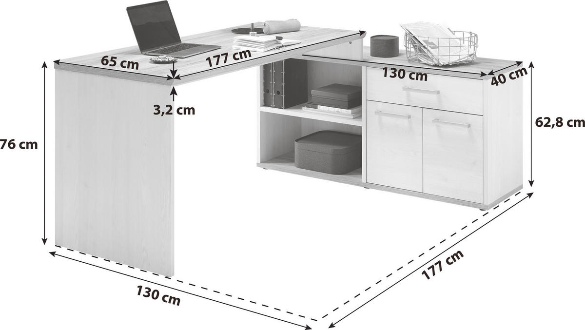 ECKSCHREIBTISCH 177/130/76 cm Weiss, Eichefarben  - Weiss/Eichefarben, Design, Holzwerkstoff/Kunststoff (177/130/76cm) - MID.YOU