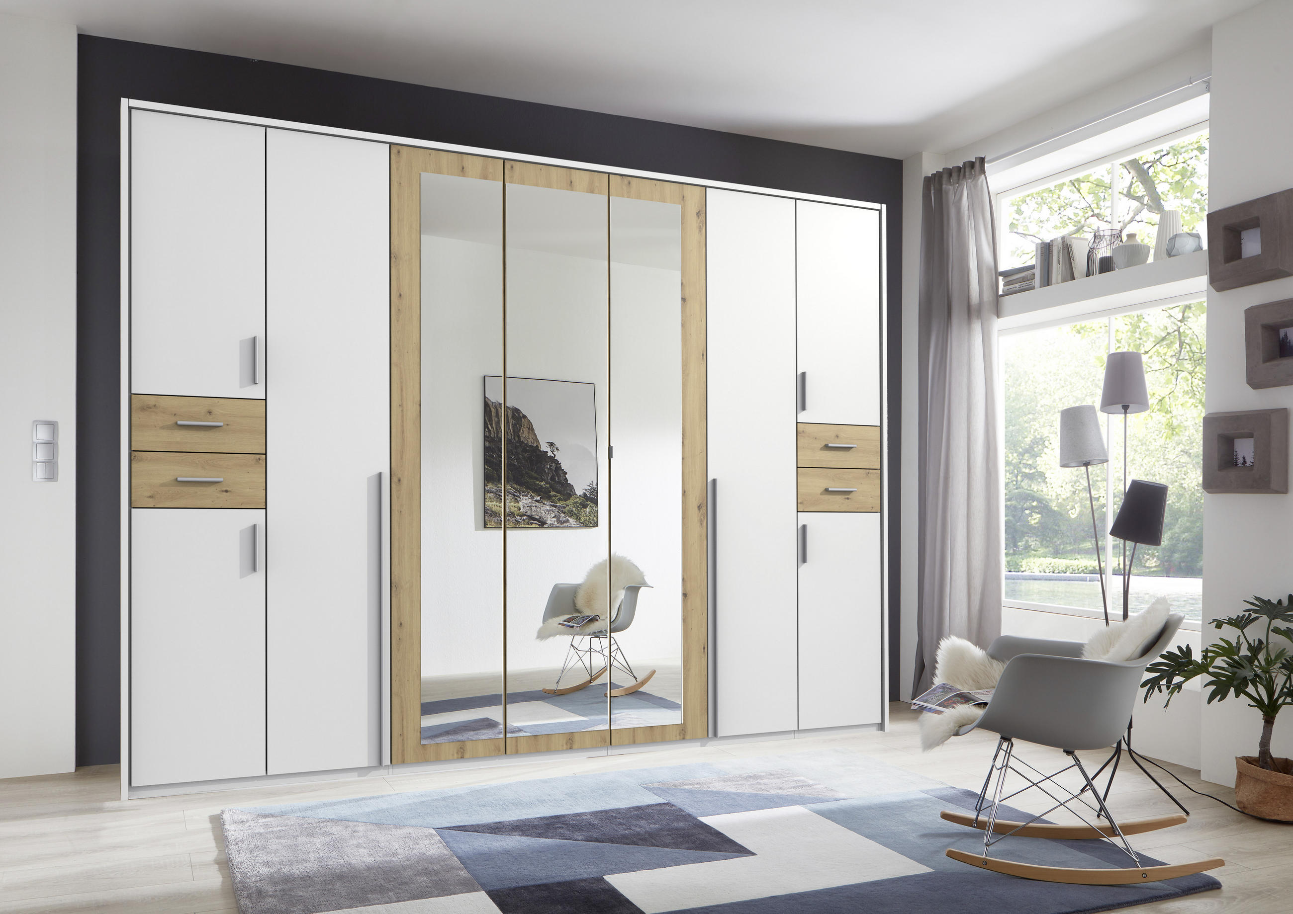 KLEIDERSCHRANK 9-türig Weiß, Eiche Artisan - Silberfarben/Weiß, Basics, Holzwerkstoff/Kunststoff (313/208/58cm) - MID.YOU