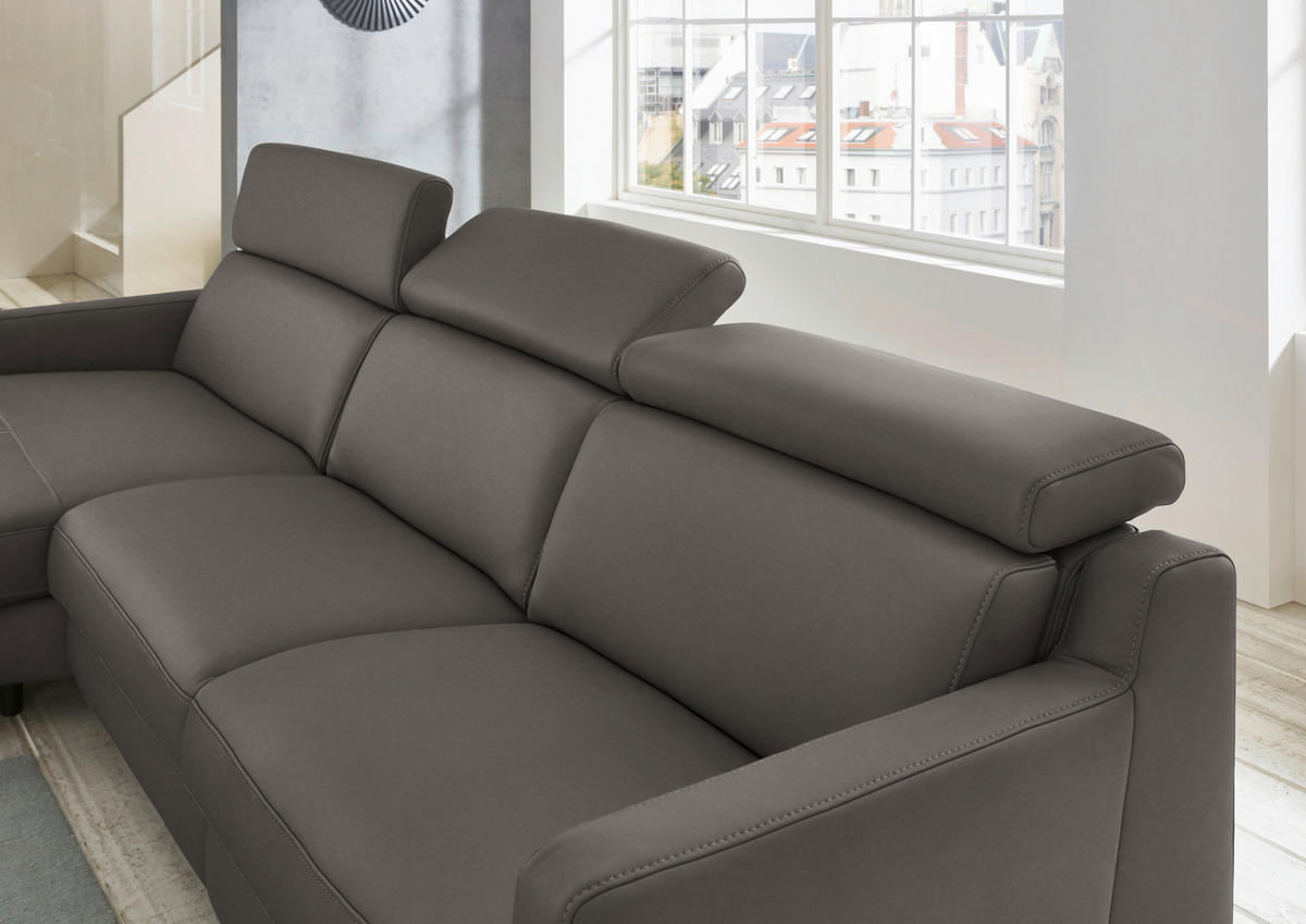ECKSOFA in Echtleder Graubraun  - Graubraun/Schwarz, Design, Leder/Metall (176/291cm) - Valdera