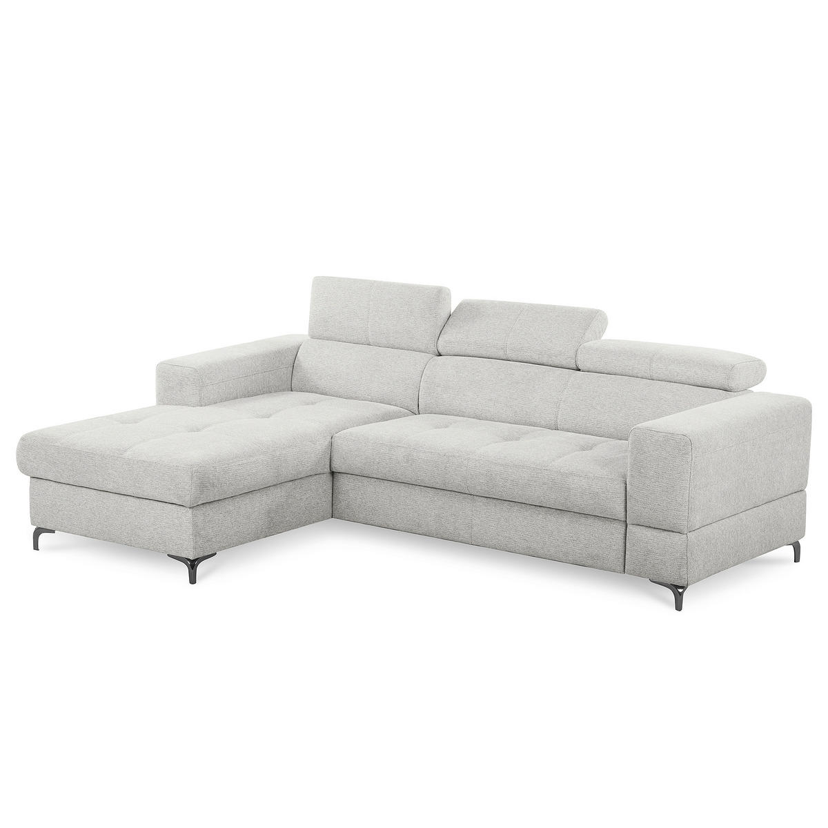 ECKSOFA TORINO Hellgrau Chenille Bettkasten, Kopfteilverstellung  - Schwarzchrom/Hellgrau, Design, Textil/Metall (173/247cm) - Livetastic