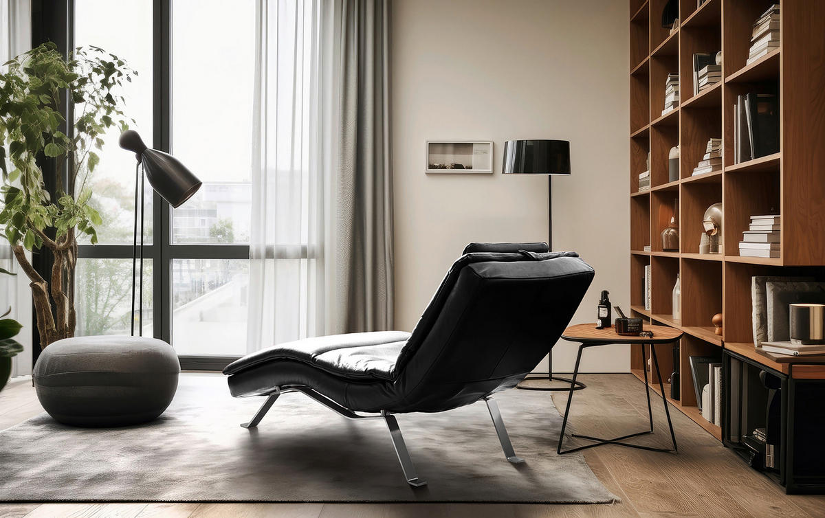 RELAXLIEGE in Echtleder Schwarz  - Silberfarben/Schwarz, Design, Leder/Metall (65/95/171cm) - Celina Home