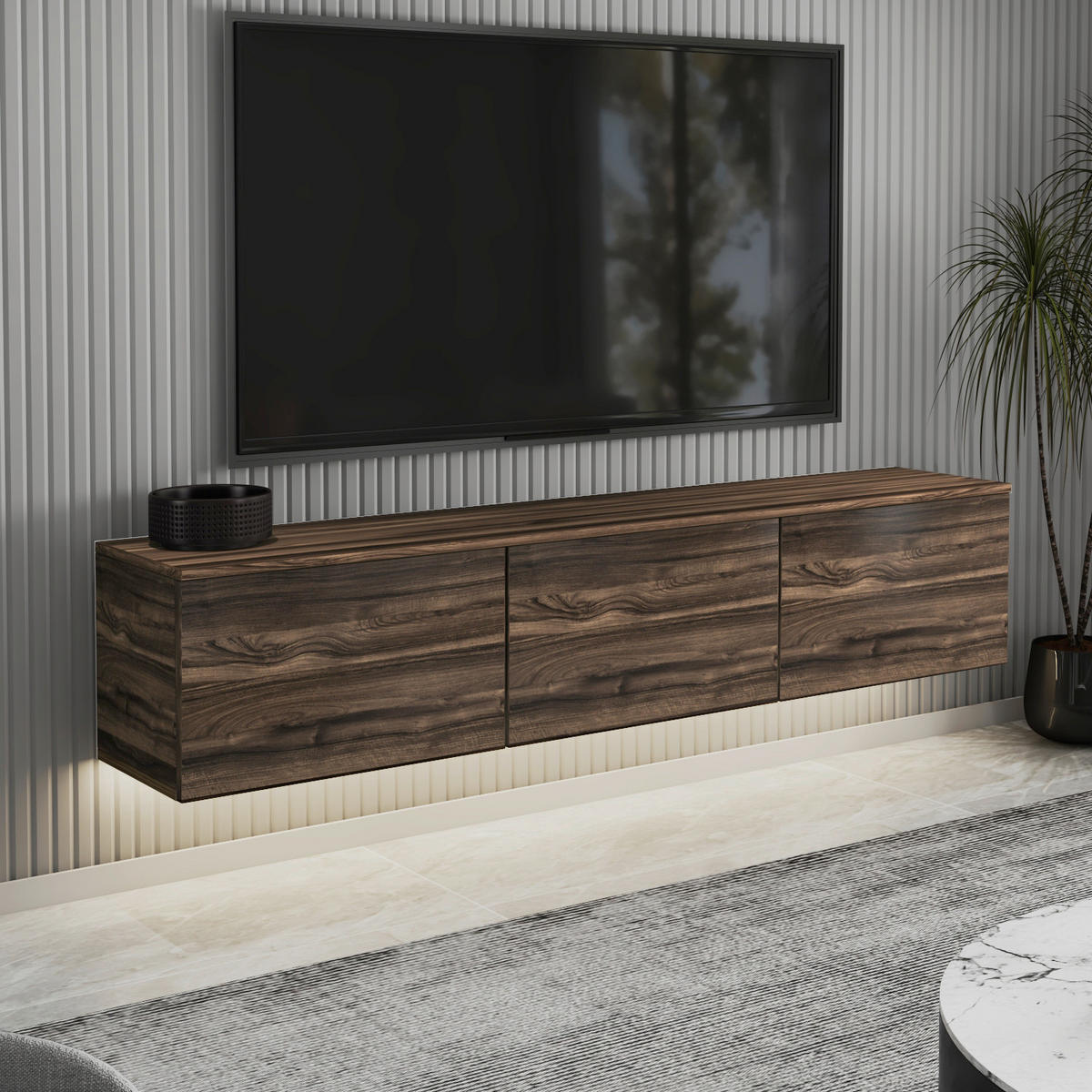 LOWBOARD Neon TV-Möbel 160/35/32 cm  hängend, Beleuchtung  - Eichefarben/Nussbaumfarben, Design, Holzwerkstoff (160/35/32cm) - Livetastic
