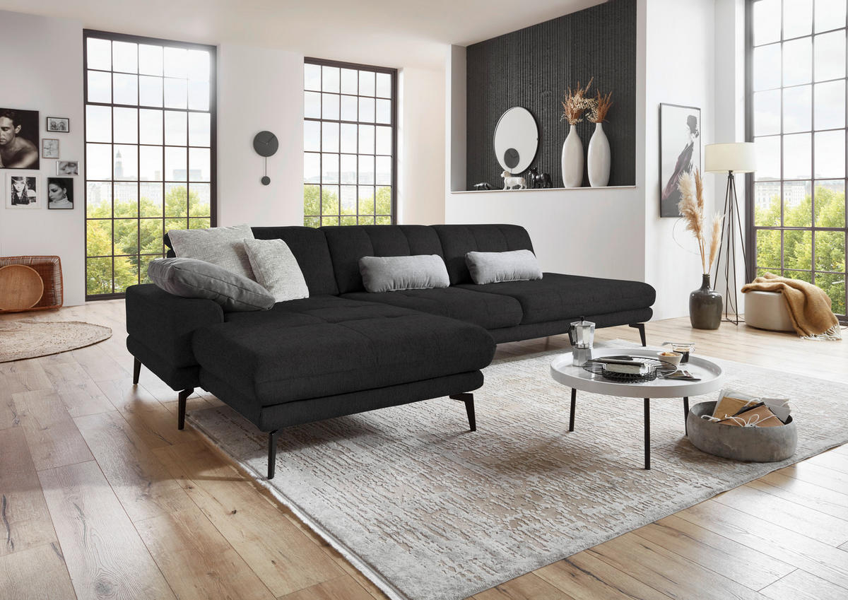 ECKSOFA in Flachgewebe Anthrazit  - Anthrazit/Schwarz, Design, Textil/Metall (190/309cm) - Beldomo Style