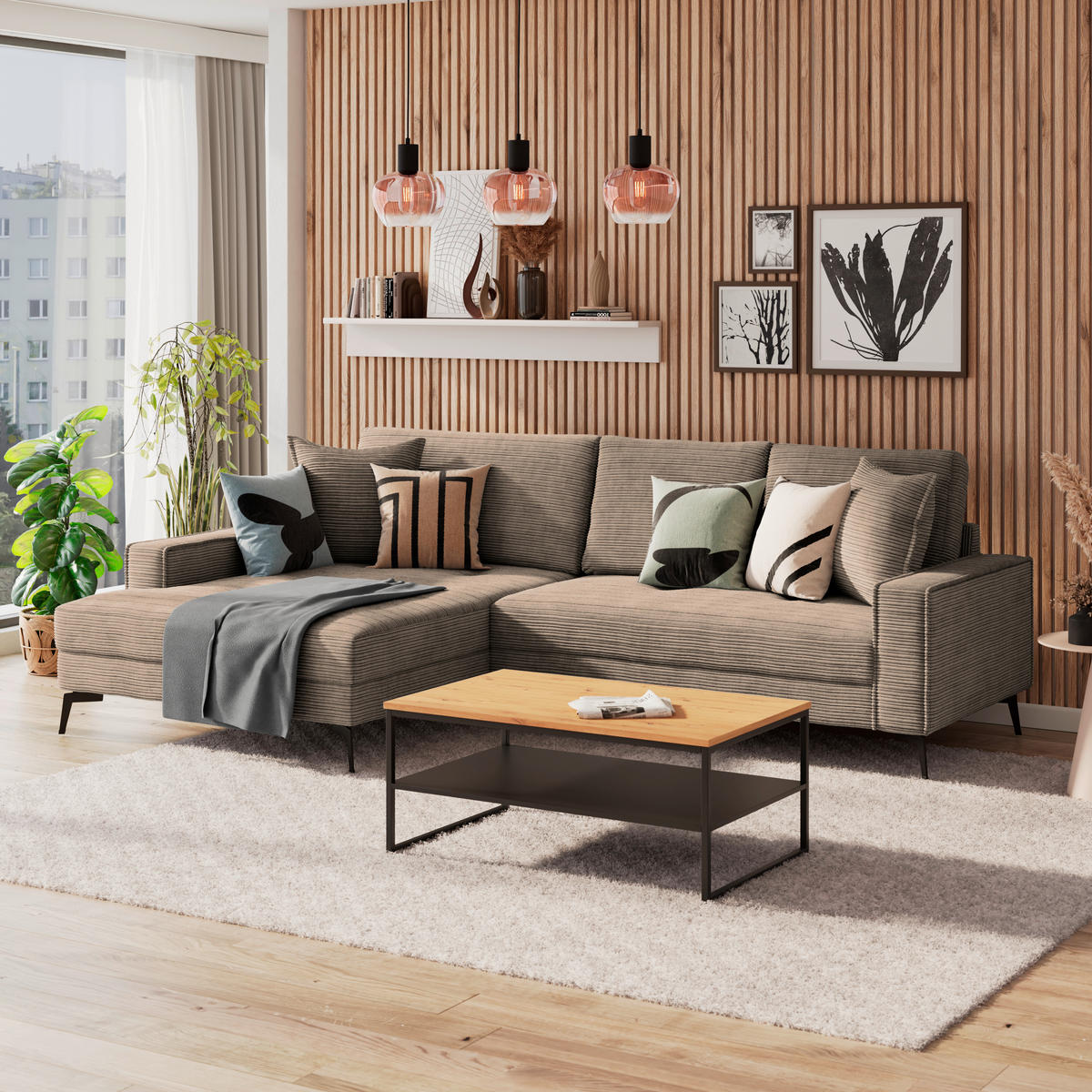 ECKSOFA ZERO Braun Cord Zierkissen, Rückenkissen  - Schwarz/Braun, Trend, Textil/Metall (173/286cm) - Livetastic