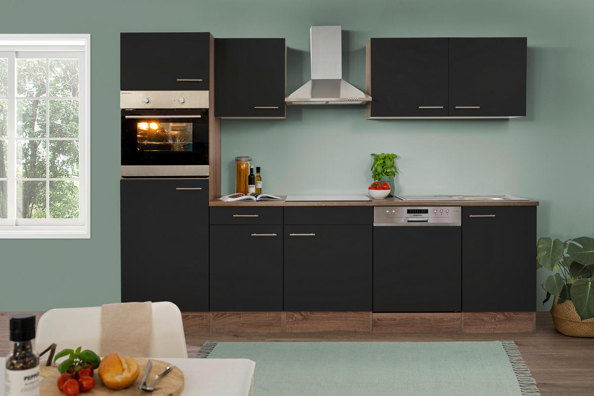 KÜCHENBLOCK 280 cm   in Schwarz, Eichefarben  - Edelstahlfarben/Eichefarben, Design, Holzwerkstoff/Metall (280cm) - Respekta