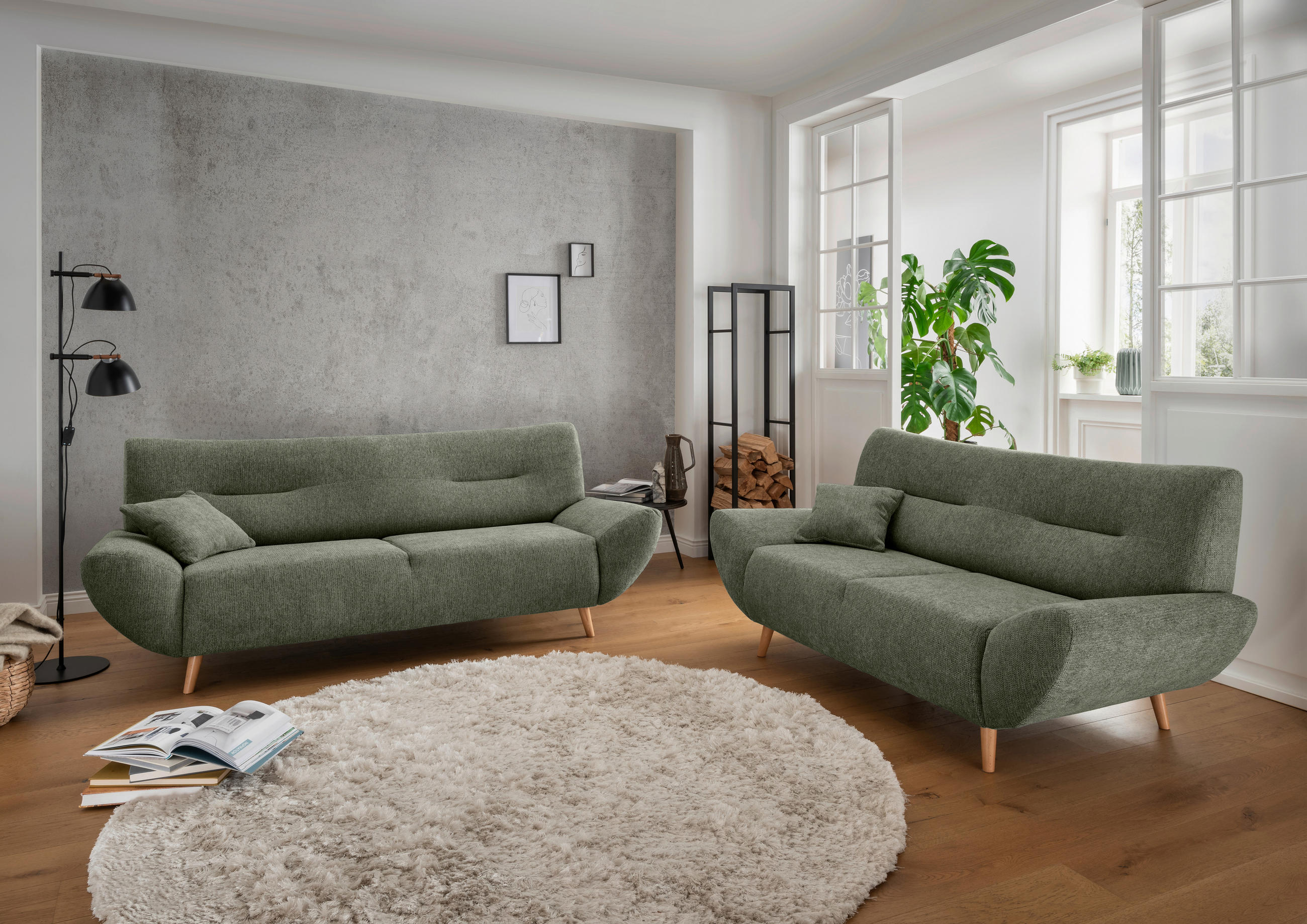 3-SITZER-SOFA Chenille Dunkelgrün  - Wildeiche/Dunkelgrün, MODERN, Holz/Textil (205/81/90cm) - MID.YOU