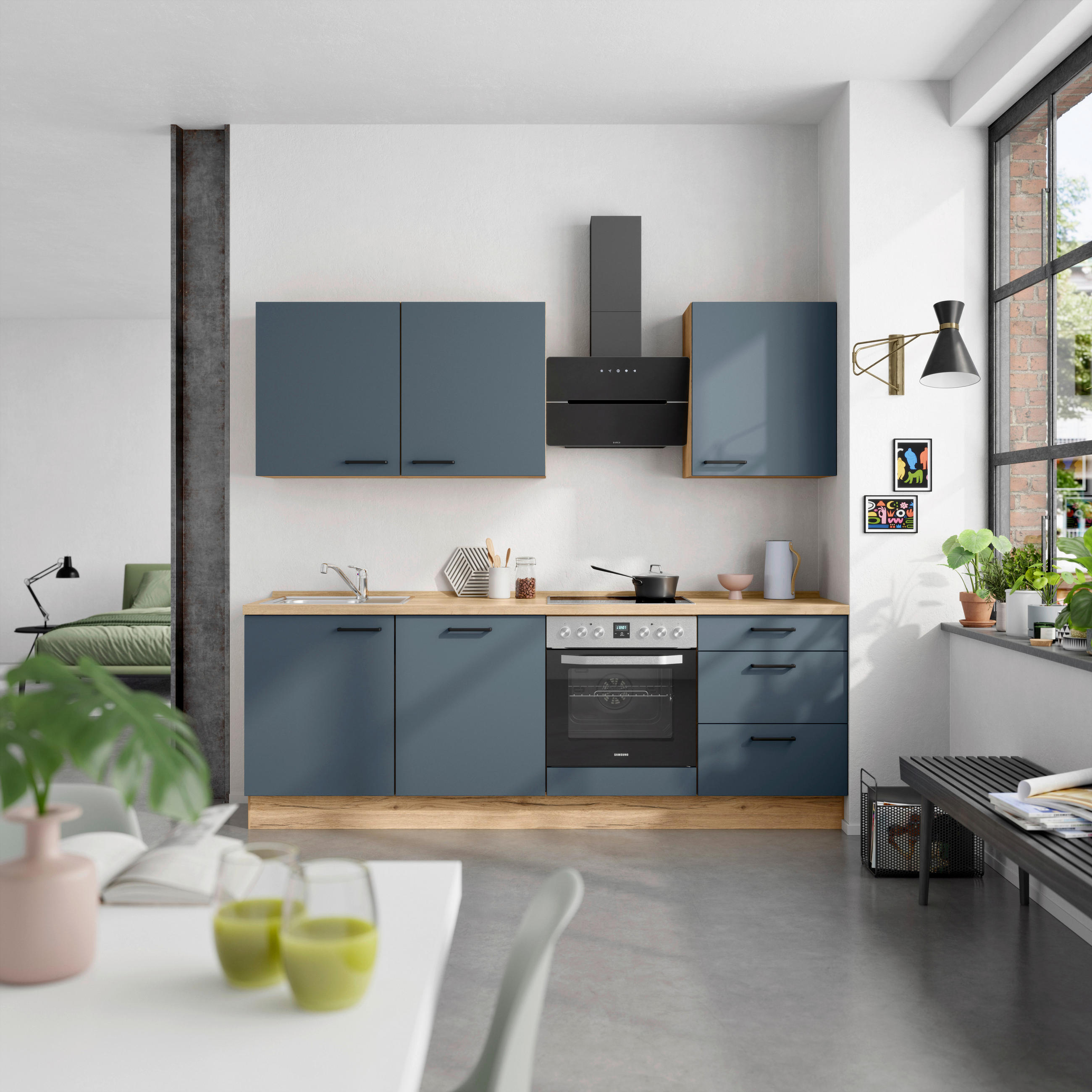 KÜCHENBLOCK 240 cm   in Eichefarben, Dunkelblau  - Eichefarben/Schwarz, MODERN, Holzwerkstoff/Metall (240cm) - Nobilia