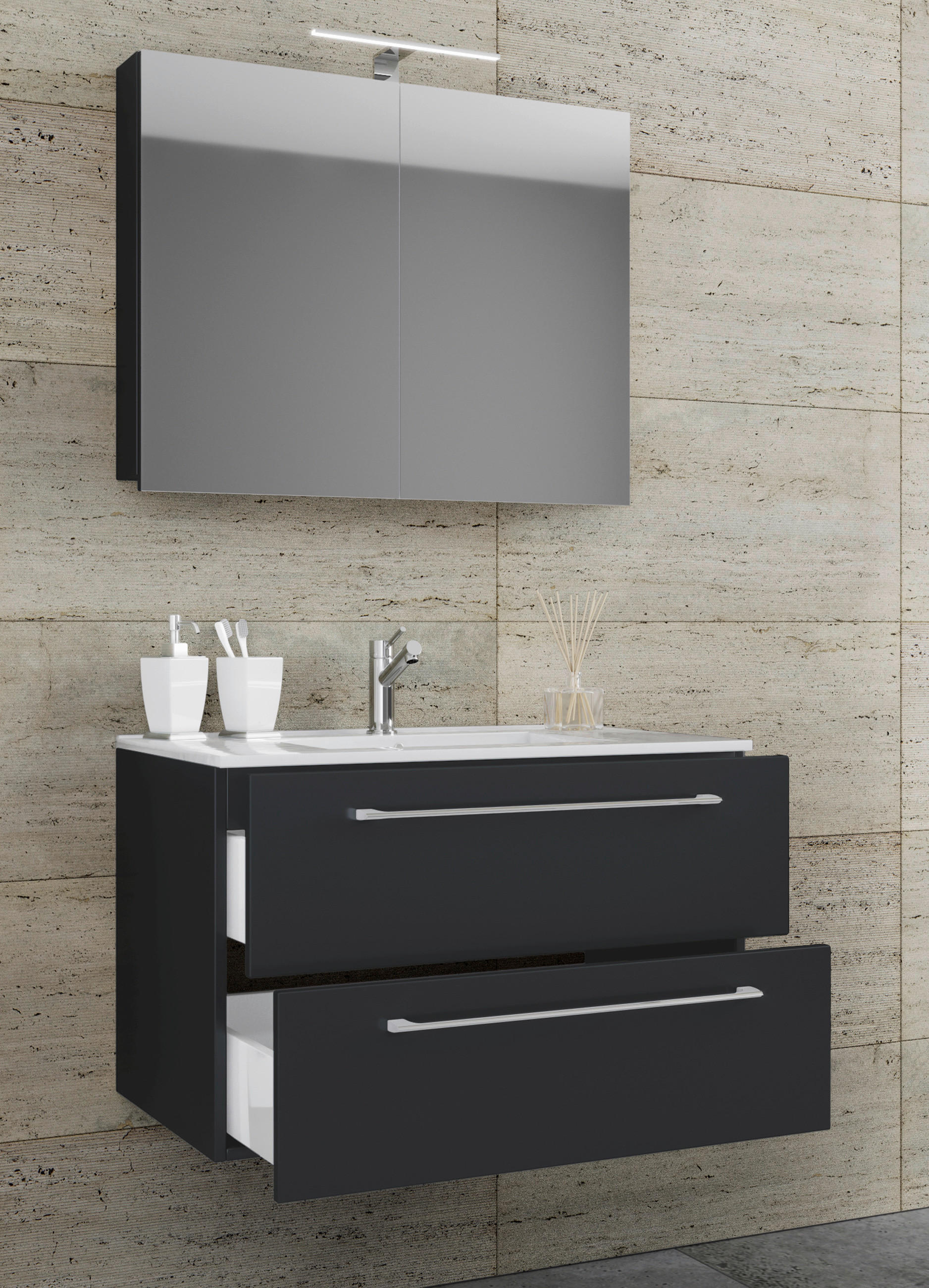 BADEZIMMER 3-teilig  in 60 cm  - Alufarben/Schwarz, MODERN, Keramik/Holzwerkstoff (60cm) - MID.YOU
