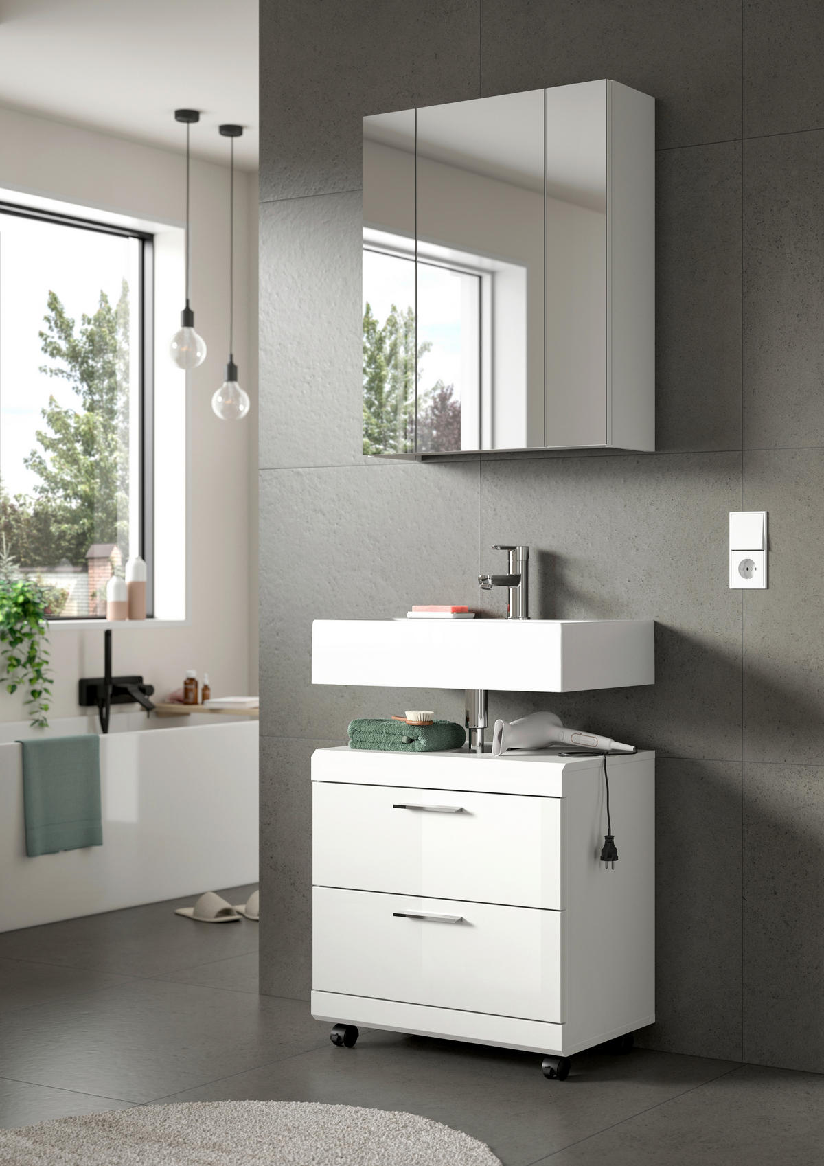 WASCHBECKENUNTERSCHRANK  - Weiß Hochglanz/Silberfarben, Trend, Holzwerkstoff/Kunststoff (60cm) - MID.YOU