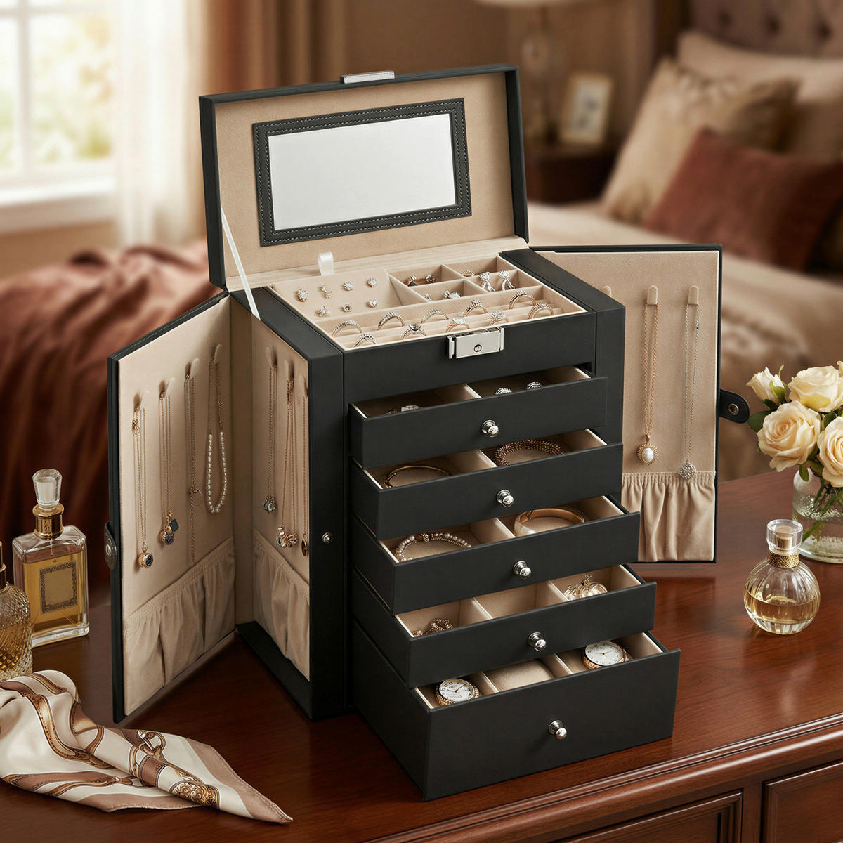 SCHMUCKKÄSTCHEN - Beige/Schwarz, Trend, Leder/Holzwerkstoff (26/32/15,6cm) - Boxxx