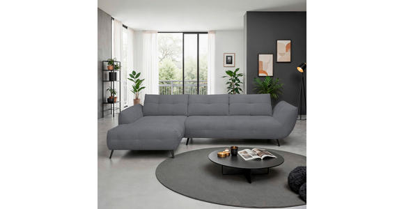 ECKSOFA Dunkelgrau Chenille Armlehnenkissen, Rücken echt, Sitztiefenverstellung  - Dunkelgrau/Schwarz, KONVENTIONELL, Textil/Metall (215/313cm) - Hom`in