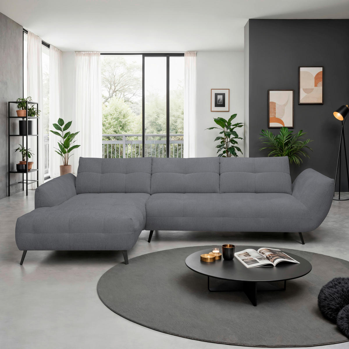 ECKSOFA Dunkelgrau Chenille Armlehnenkissen, Rücken echt, Sitztiefenverstellung  - Dunkelgrau/Schwarz, KONVENTIONELL, Textil/Metall (215/313cm) - Hom`in