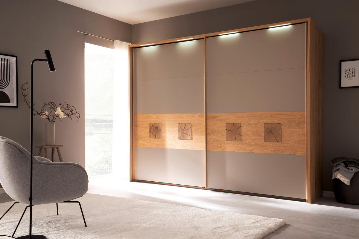 SCHWEBETÜRENSCHRANK  in Taupe, Eichefarben  - Taupe/Eichefarben, Design, Holz/Holzwerkstoff (301,3/230,4/68cm) - Schöner Wohnen