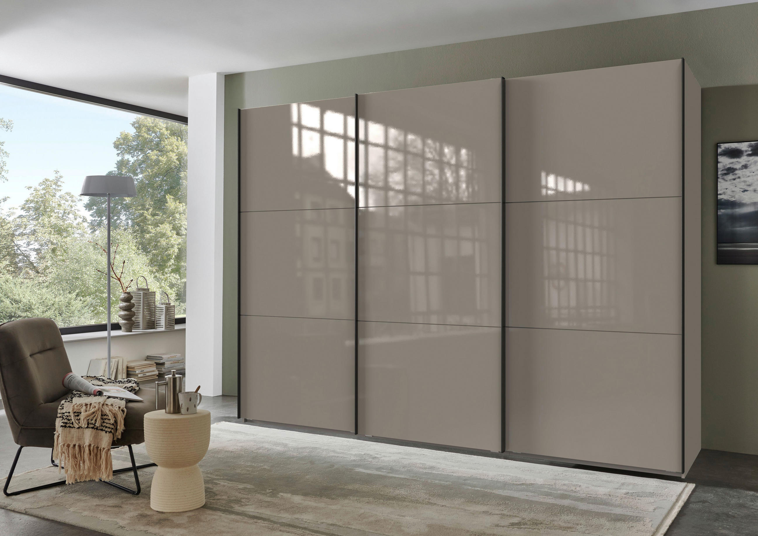 SCHWEBETÜRENSCHRANK  in Sahara  - Schwarz/Sahara, KONVENTIONELL, Glas/Holzwerkstoff (300/216/65cm) - Stylife