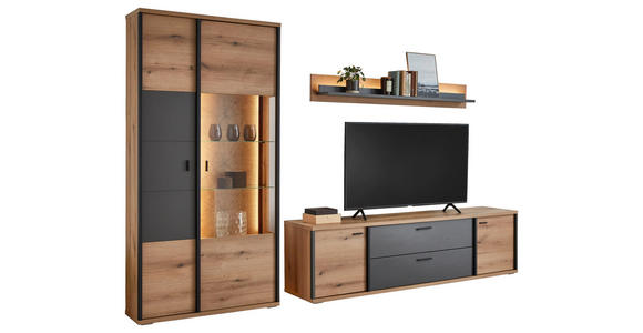 WOHNWAND  in Schwarz, Eichefarben, Dunkelgrau  312/209/50 cm  - Eichefarben/Dunkelgrau, KONVENTIONELL, Glas/Holzwerkstoff (312/209/50cm) - Xora