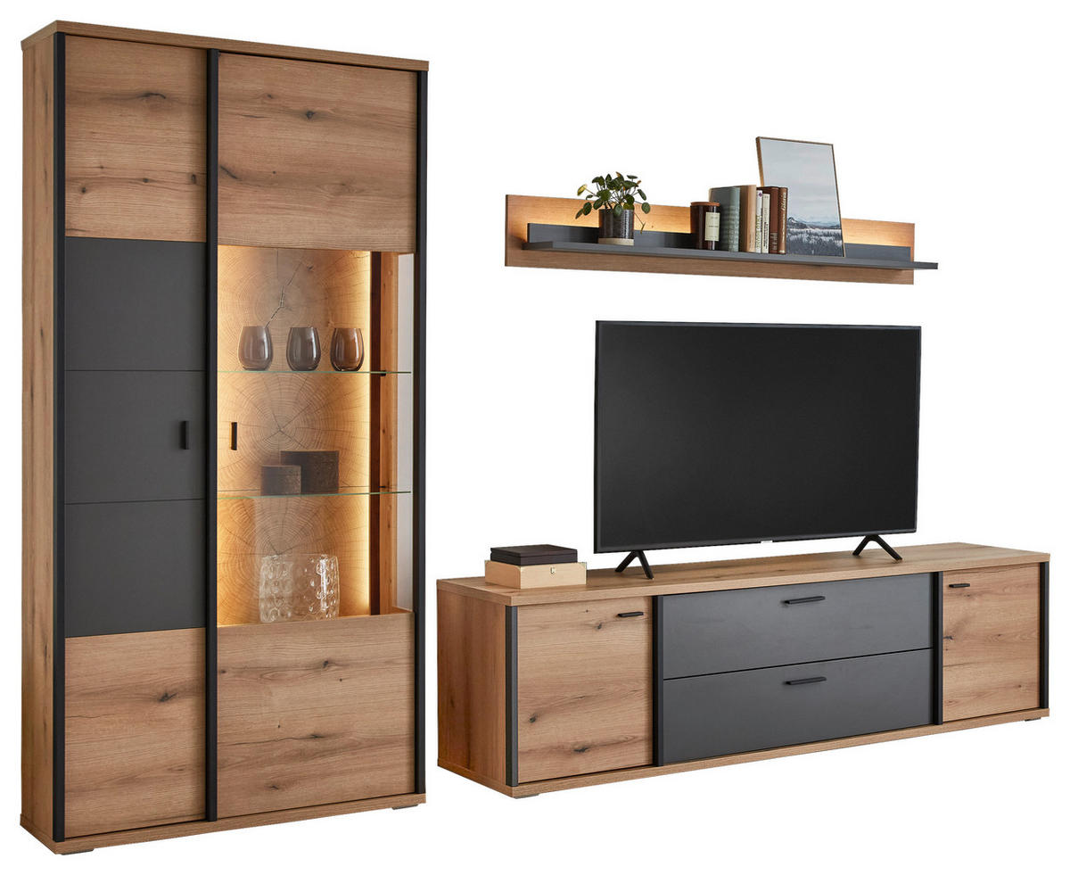 WOHNWAND  Schwarz, Eichefarben, Dunkelgrau 312/209/50 cm  - Eichefarben/Dunkelgrau, Konventionell, Glas/Holzwerkstoff (312/209/50cm) - Xora