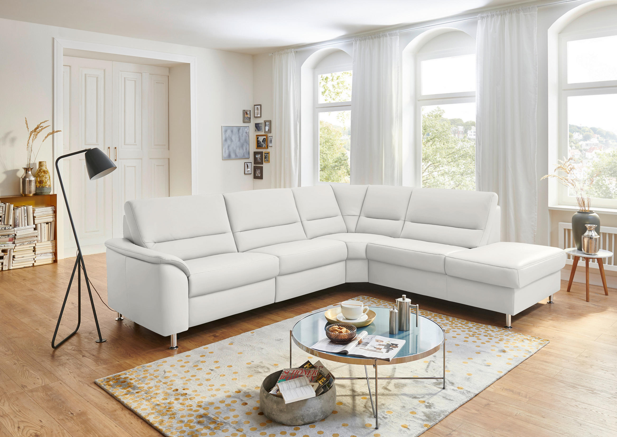 ECKSOFA in Echtleder Weiss  - Weiss/Alufarben, Konventionell, Leder/Metall (290/249cm) - Beldomo Premium
