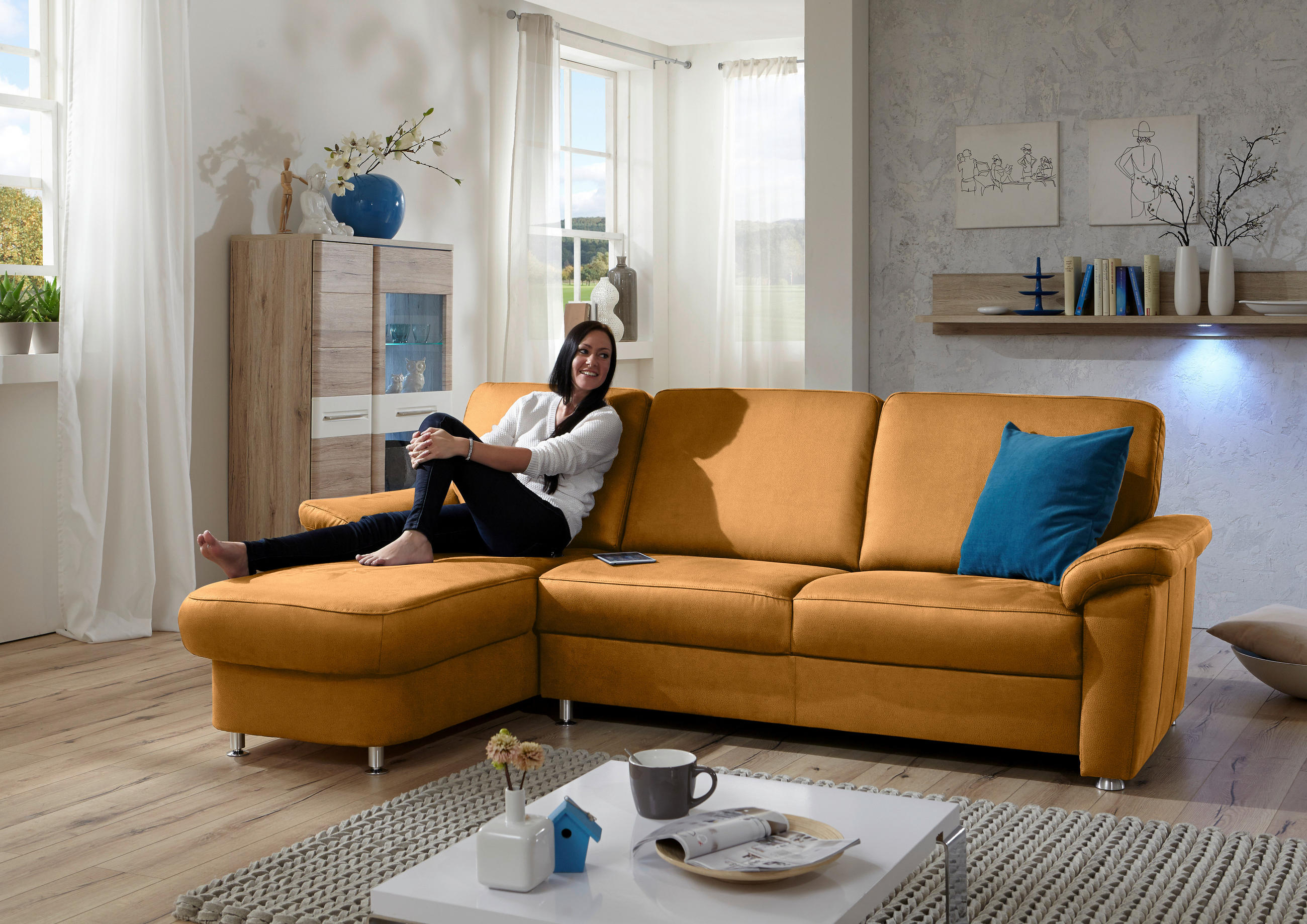 ECKSOFA in Flachgewebe Currygelb  - Chromfarben/Currygelb, Konventionell, Textil/Metall (163/220cm) - Beldomo System