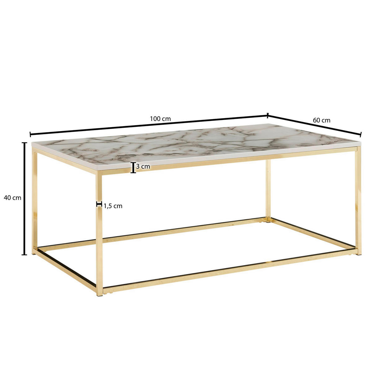 COUCHTISCH in Holzwerkstoff 100/60/40 cm   - Weiss/Goldfarben, Modern, Holzwerkstoff/Metall (100/60/40cm) - MID.YOU