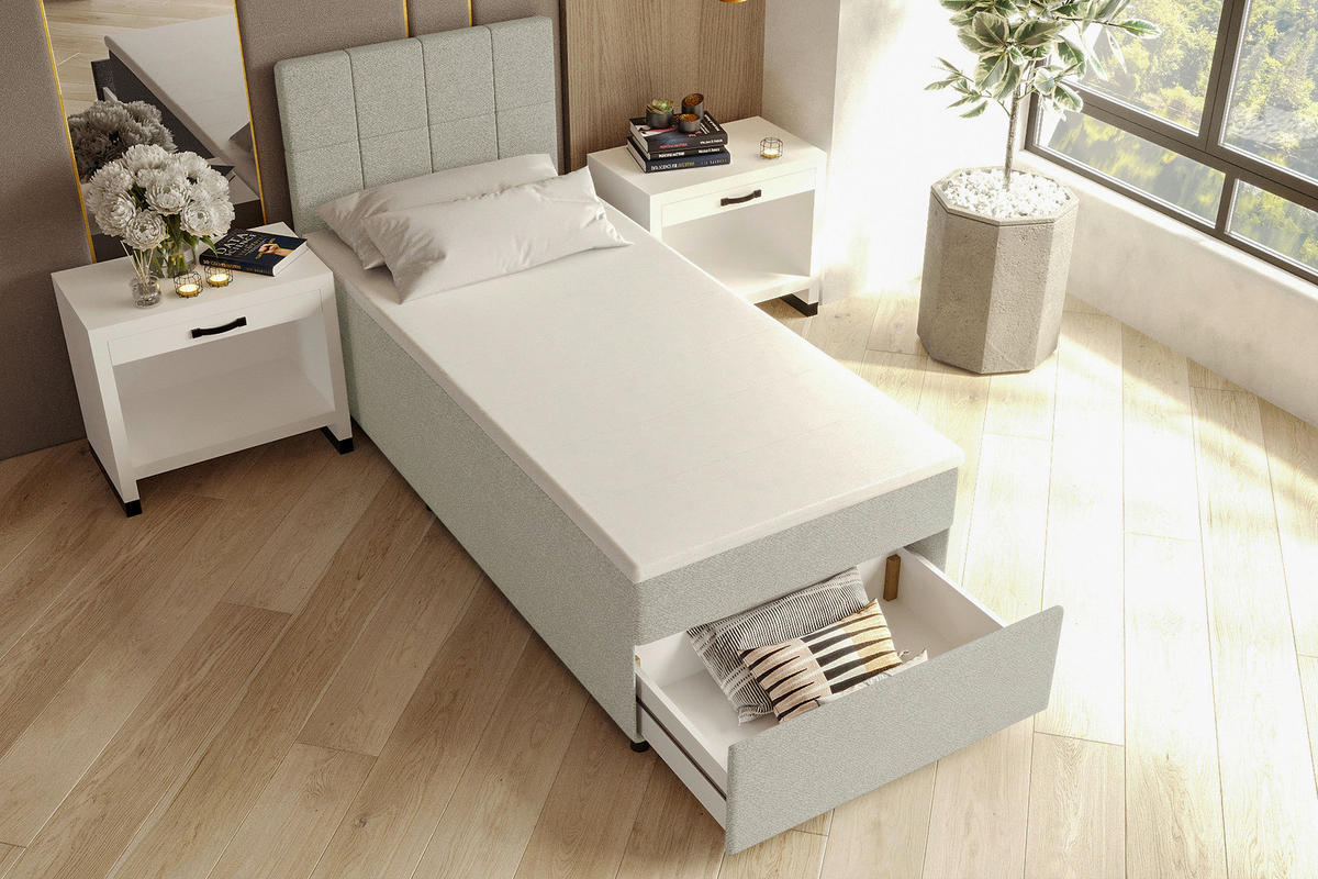 BOXBETT 90/200 cm,  in Hellgrau, Matratze, Topper, Bettschublade, H3 = fest  - Hellgrau/Schwarz, KONVENTIONELL, Kunststoff/Textil (90/200cm) - Boxxx