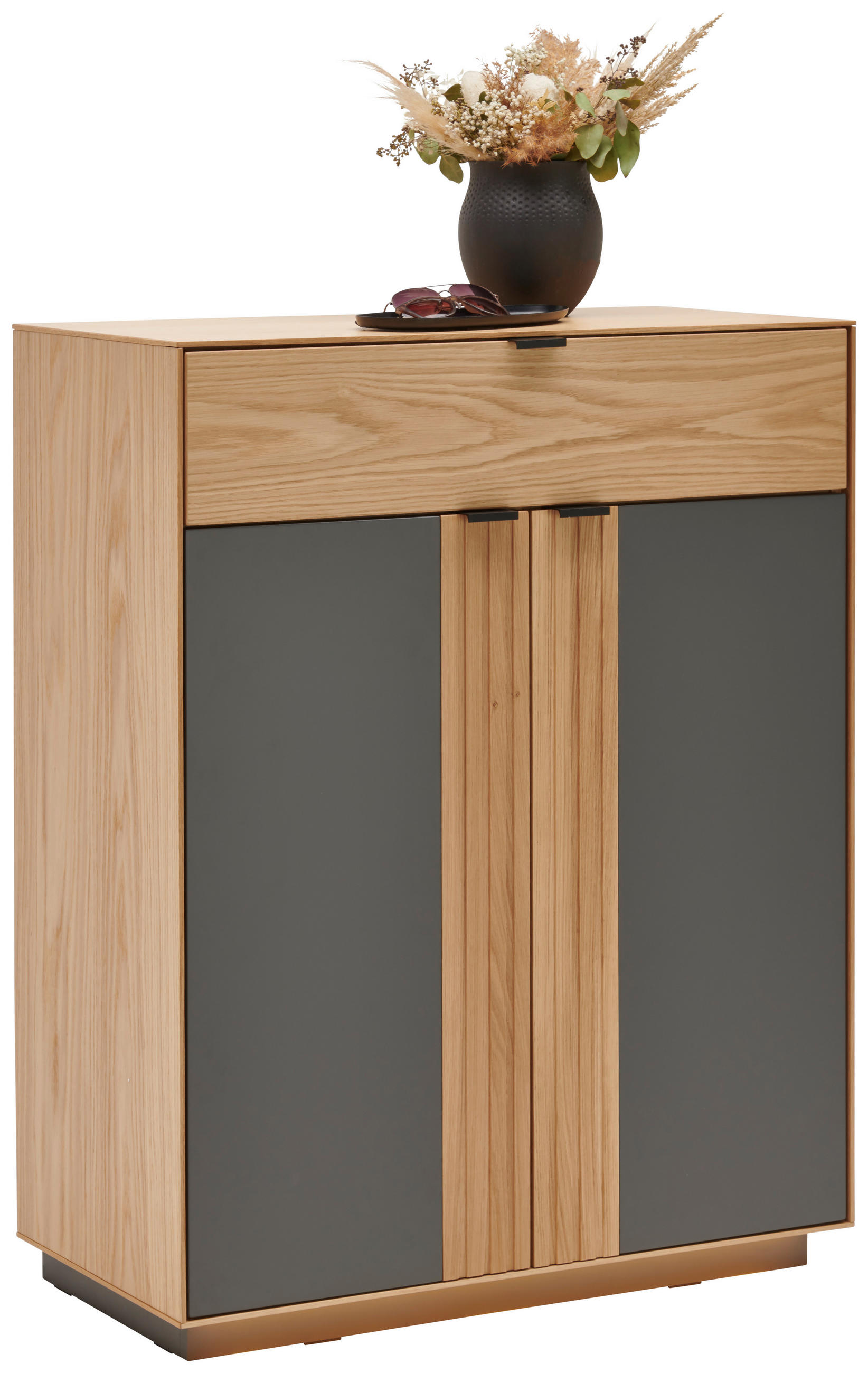 SCHUHSCHRANK Asteiche furniert, massiv Grau, Eichefarben  - Eichefarben/Schwarz, Natur, Holz/Holzwerkstoff (85/105/42cm) - Linea Natura