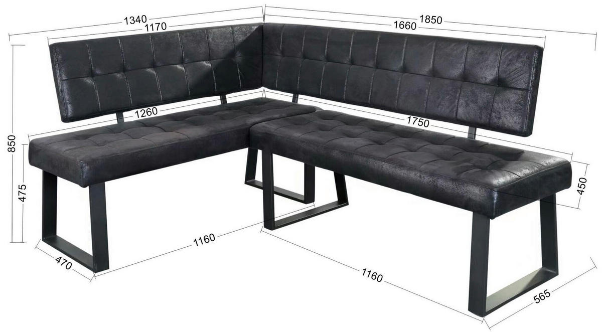 ECKBANK Metall, Textil Hellgrau  - Hellgrau/Schwarz, Modern, Textil/Metall (134/185cm) - Livetastic