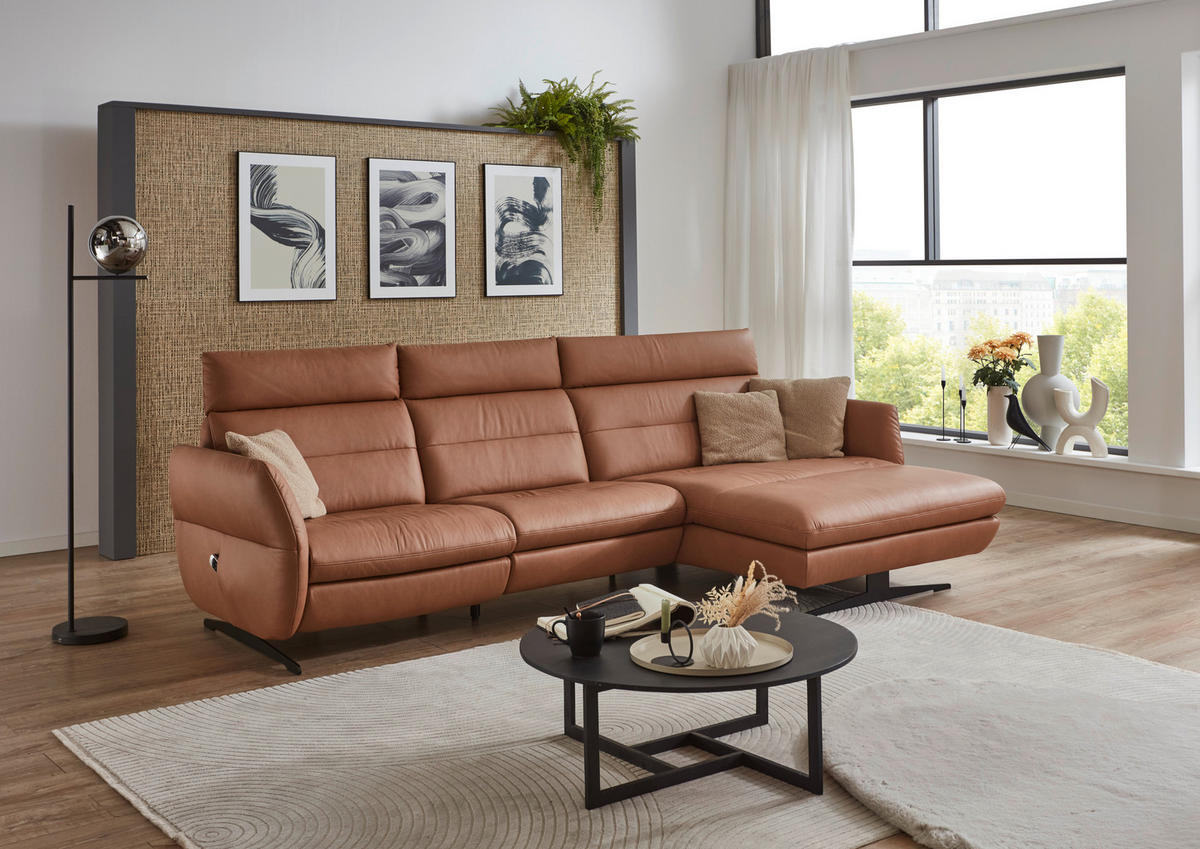 ECKSOFA in Echtleder Haselnussfarben  300/157 cm  - Schwarz/Haselnussfarben, Design, Leder/Metall (300/157cm) - Dieter Knoll
