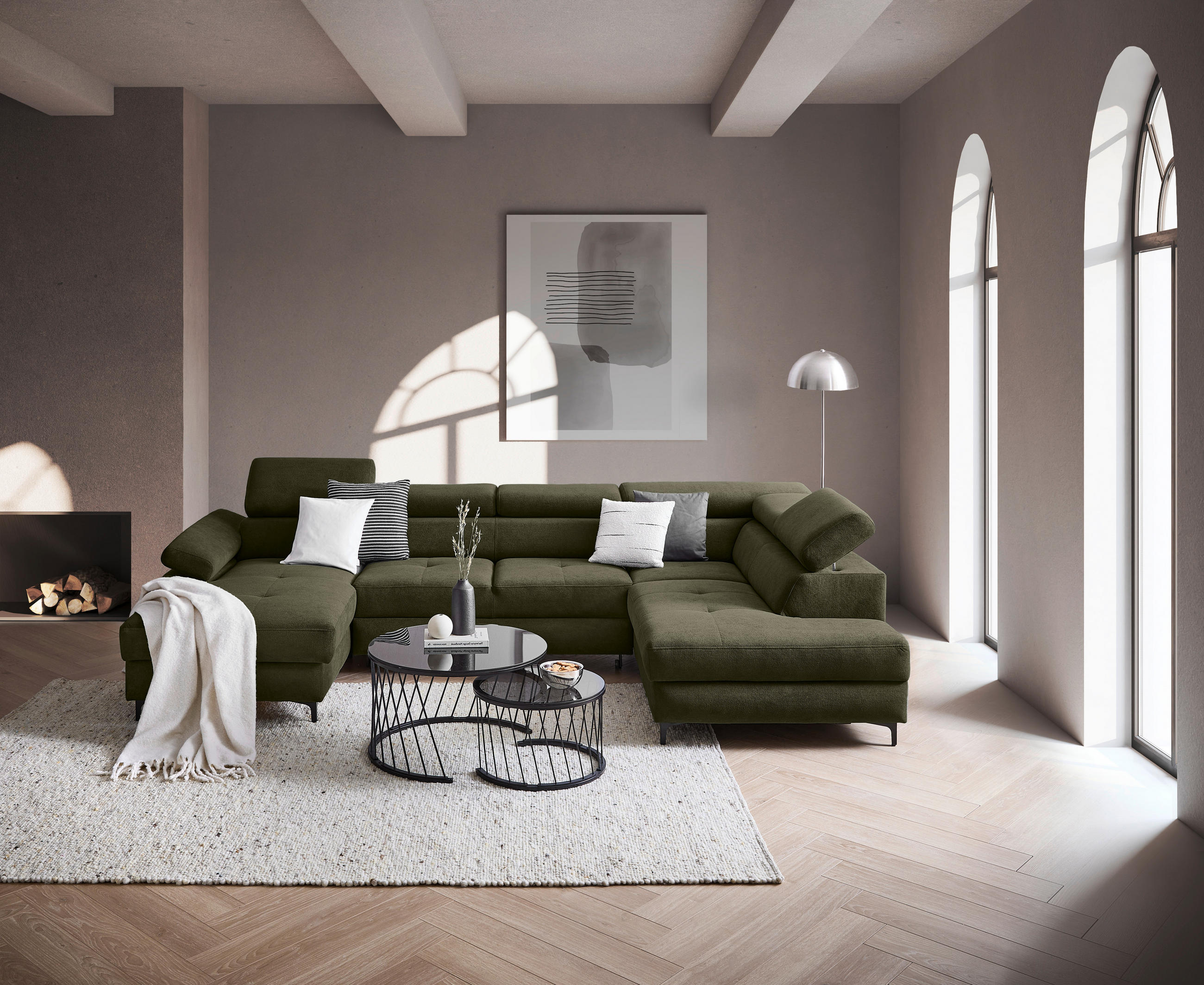 WOHNLANDSCHAFT inkl. Funktion Dunkelgrün Flachgewebe  - Dunkelgrün/Schwarz, MODERN, Textil/Metall (180/333/206cm) - Stylife