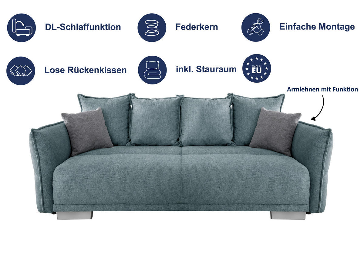 BIGSOFA in Chenille Mintgrün  - Chromfarben/Silberfarben, Modern, Kunststoff/Textil (242/71/90/131cm) - Livetastic