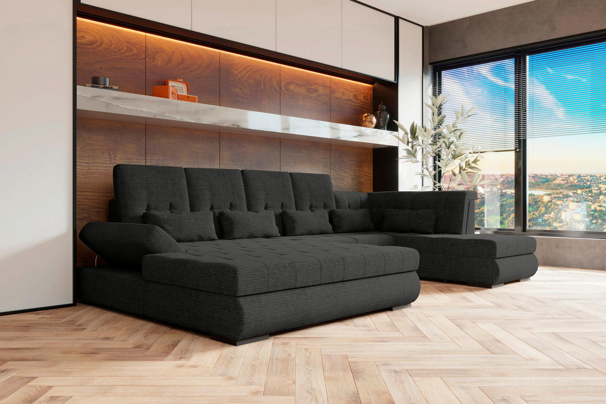 WOHNLANDSCHAFT Graphitfarben Struktur  - Schwarz/Graphitfarben, KONVENTIONELL, Kunststoff/Textil (212/358/222cm) - Carryhome