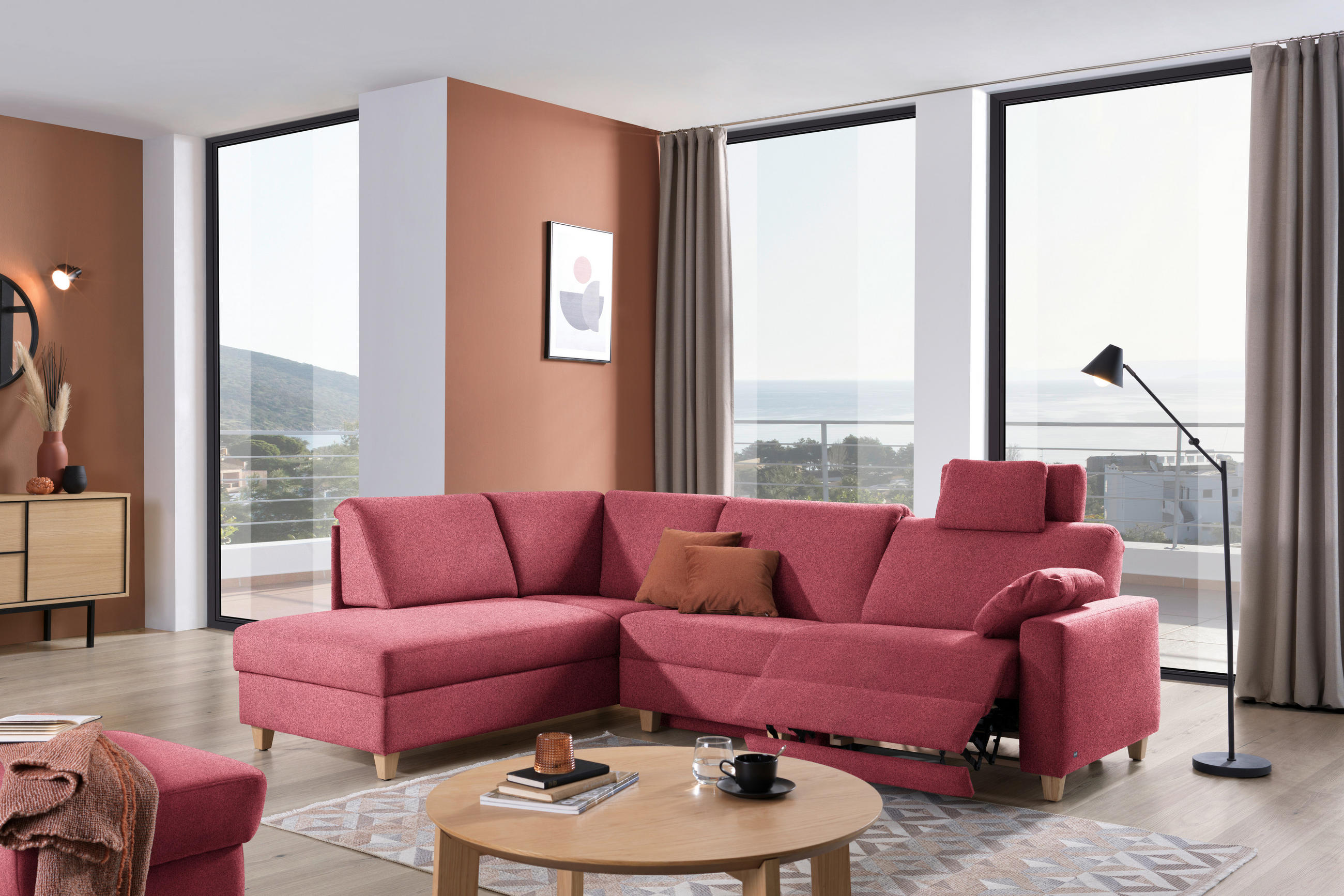 ECKSOFA in Flachgewebe Bordeaux  203/261 cm  - Eichefarben/Bordeaux, KONVENTIONELL, Holz/Textil (203/261cm) - Sedda