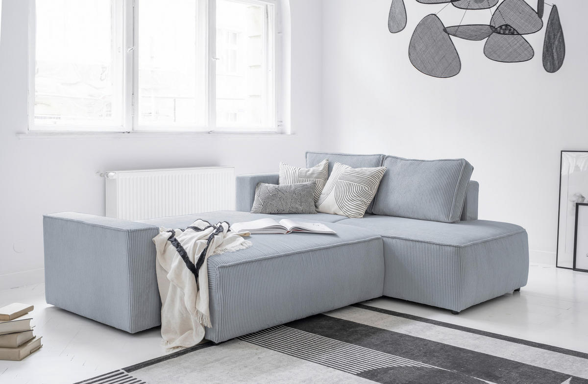 ECKSOFA Hellgrau Cord Rückenkissen, Bettkasten  - Hellgrau/Schwarz, Design, Kunststoff/Textil (247/194cm) - MID.YOU