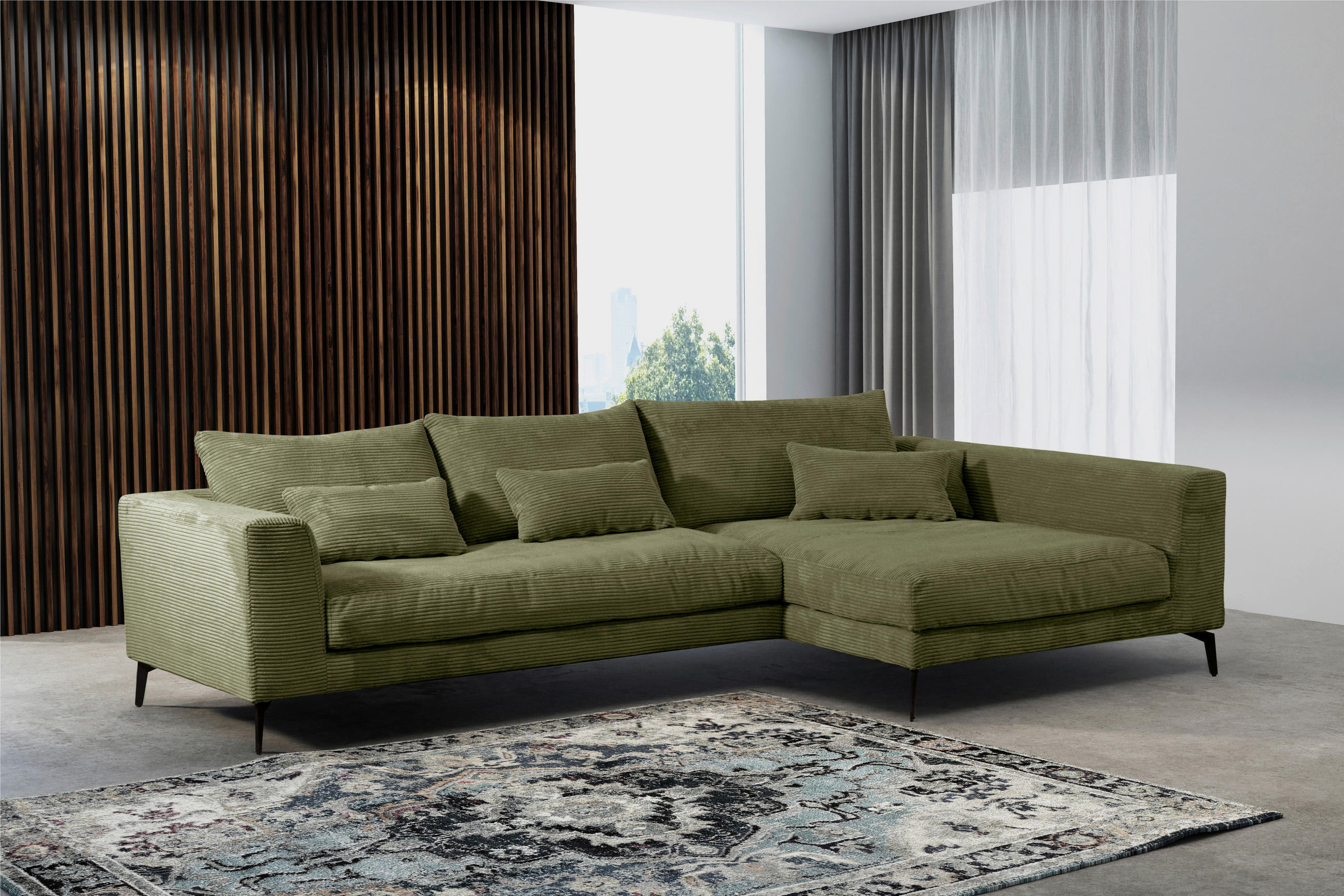 ECKSOFA Olivgrün Cord  - Schwarz/Olivgrün, Design, Textil/Metall (313/172cm) - Livetastic