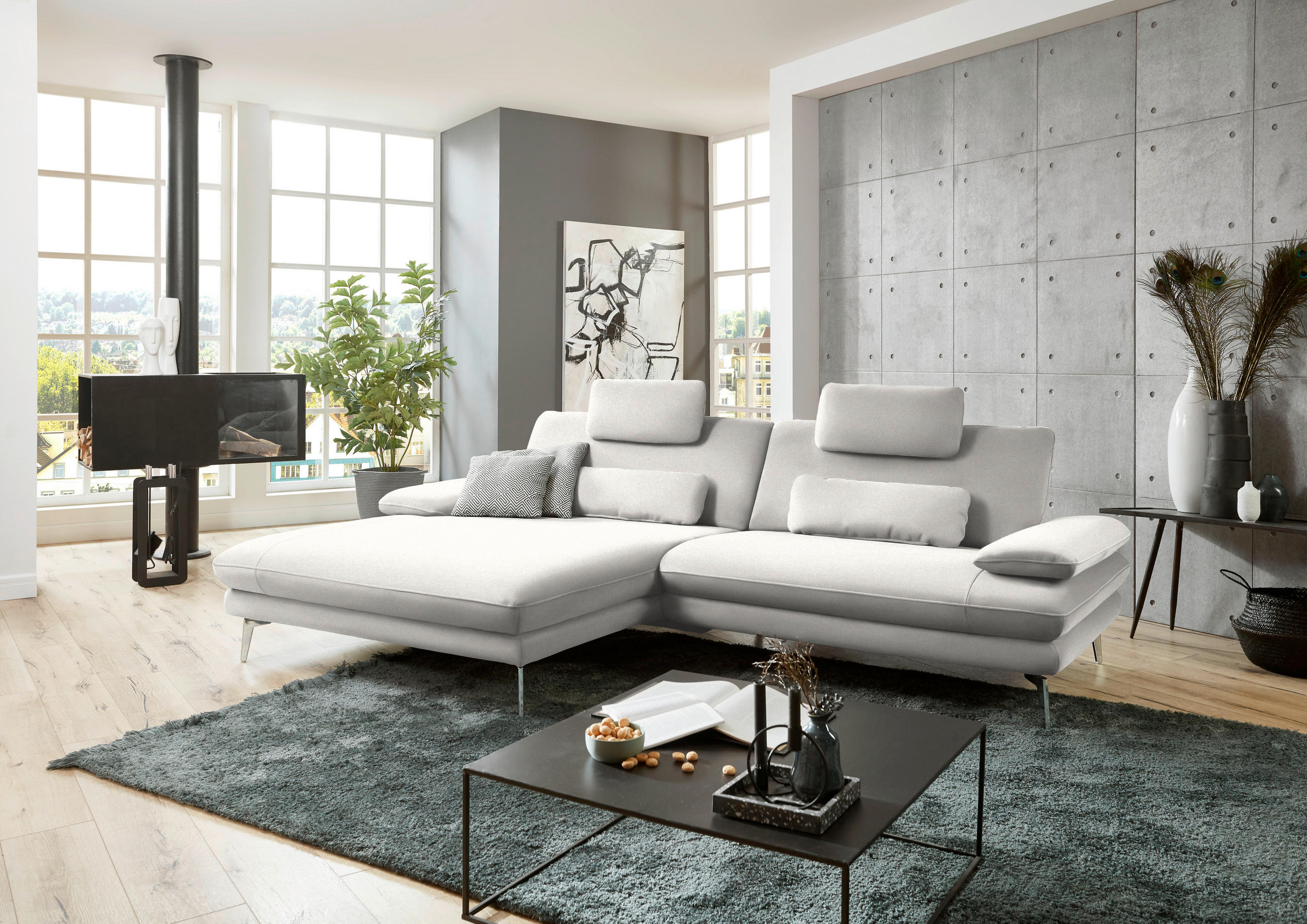 ECKSOFA in Webstoff Creme, Naturfarben  - Creme/Schwarz, Design, Textil/Metall (184/284cm) - Dieter Knoll