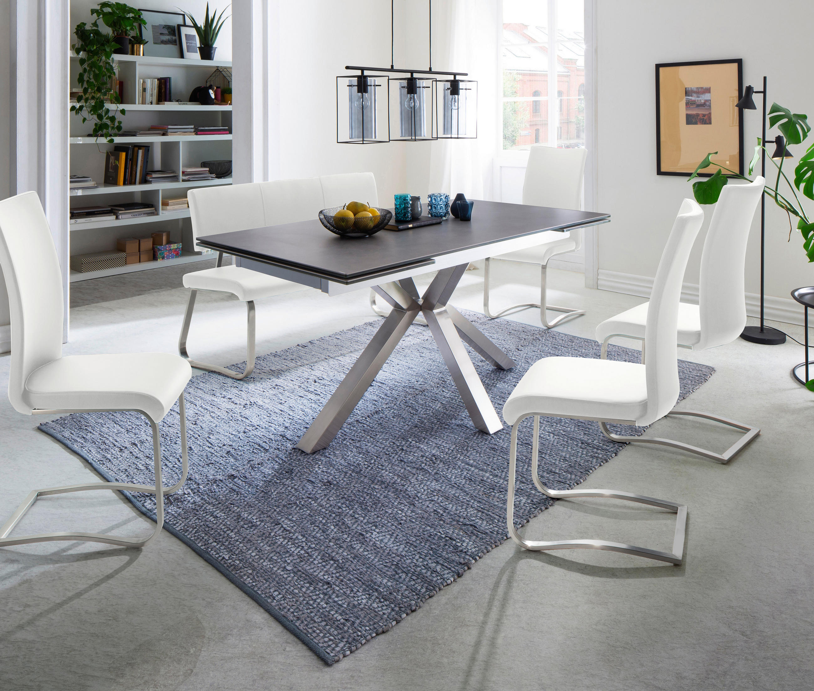 SITZBANK 155/86/59 cm Echtleder Weiß, Edelstahlfarben  - Edelstahlfarben/Weiß, Design, Leder/Metall (155/86/59cm) - Livetastic