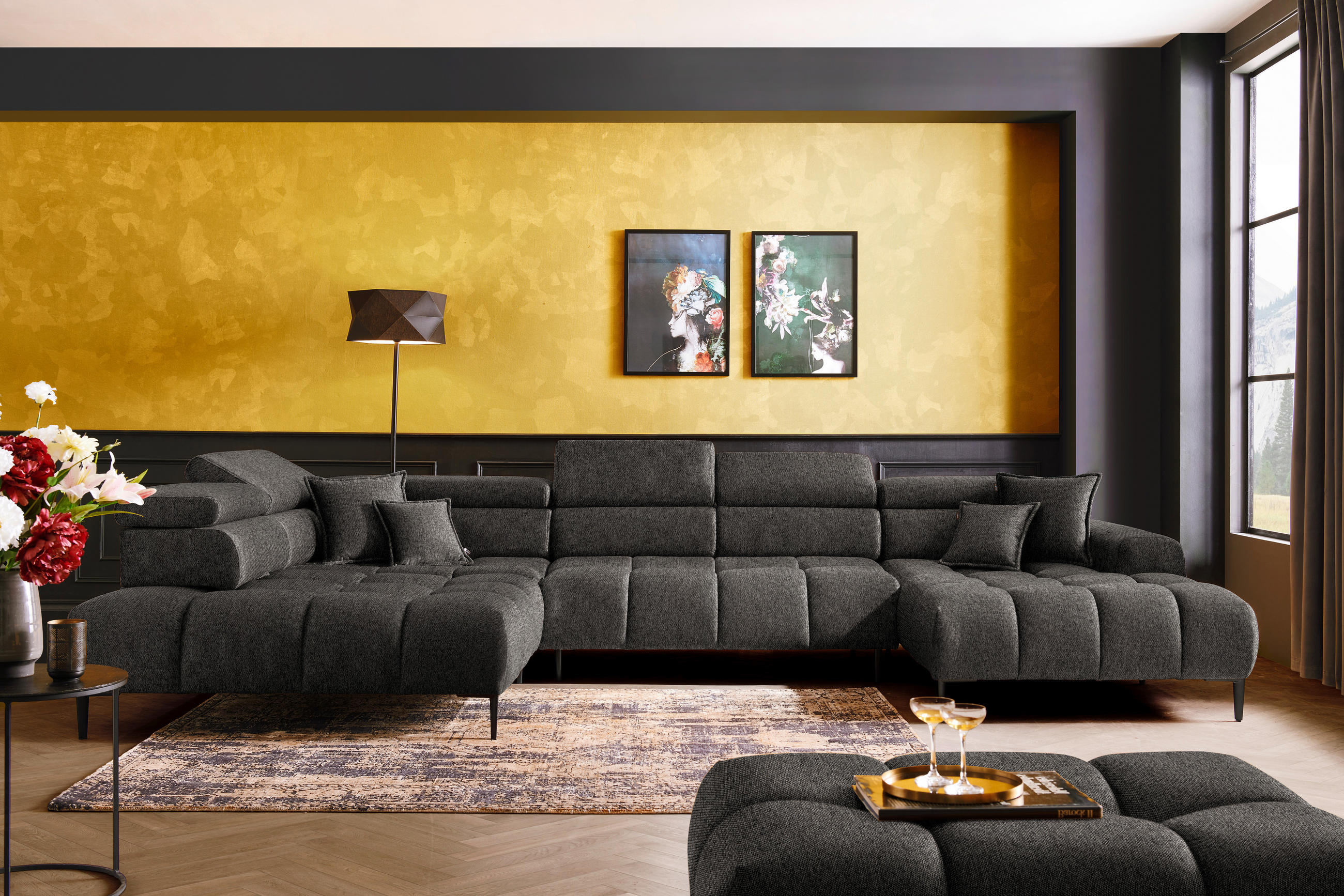 WOHNLANDSCHAFT in Webstoff Graubraun  - Graubraun/Schwarz, Design, Textil/Metall (216/385/177cm) - Welnova