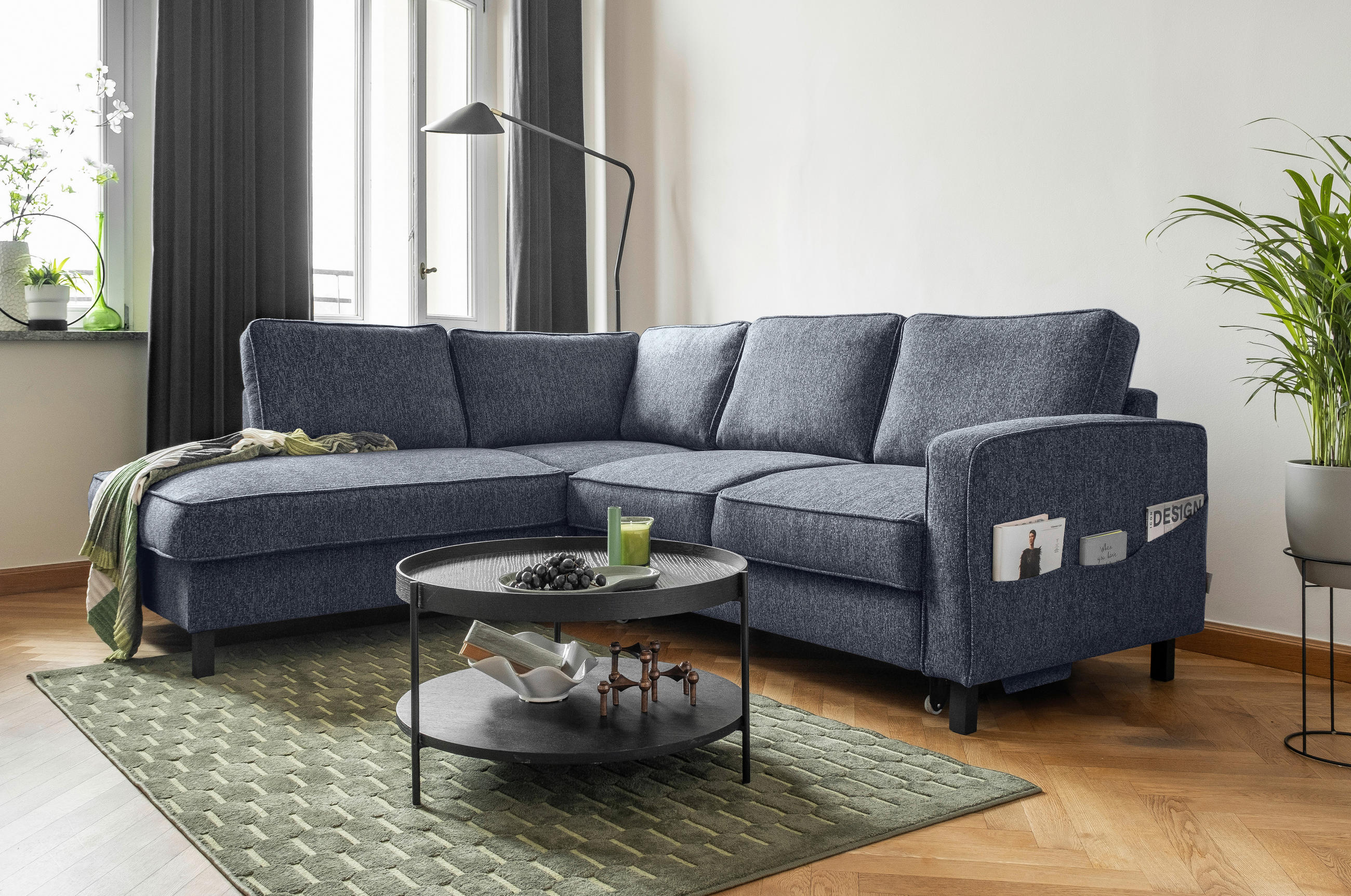 ECKSOFA in Struktur Dunkelblau  - Schwarz/Dunkelblau, Holz/Textil (198/233cm) - MID.YOU