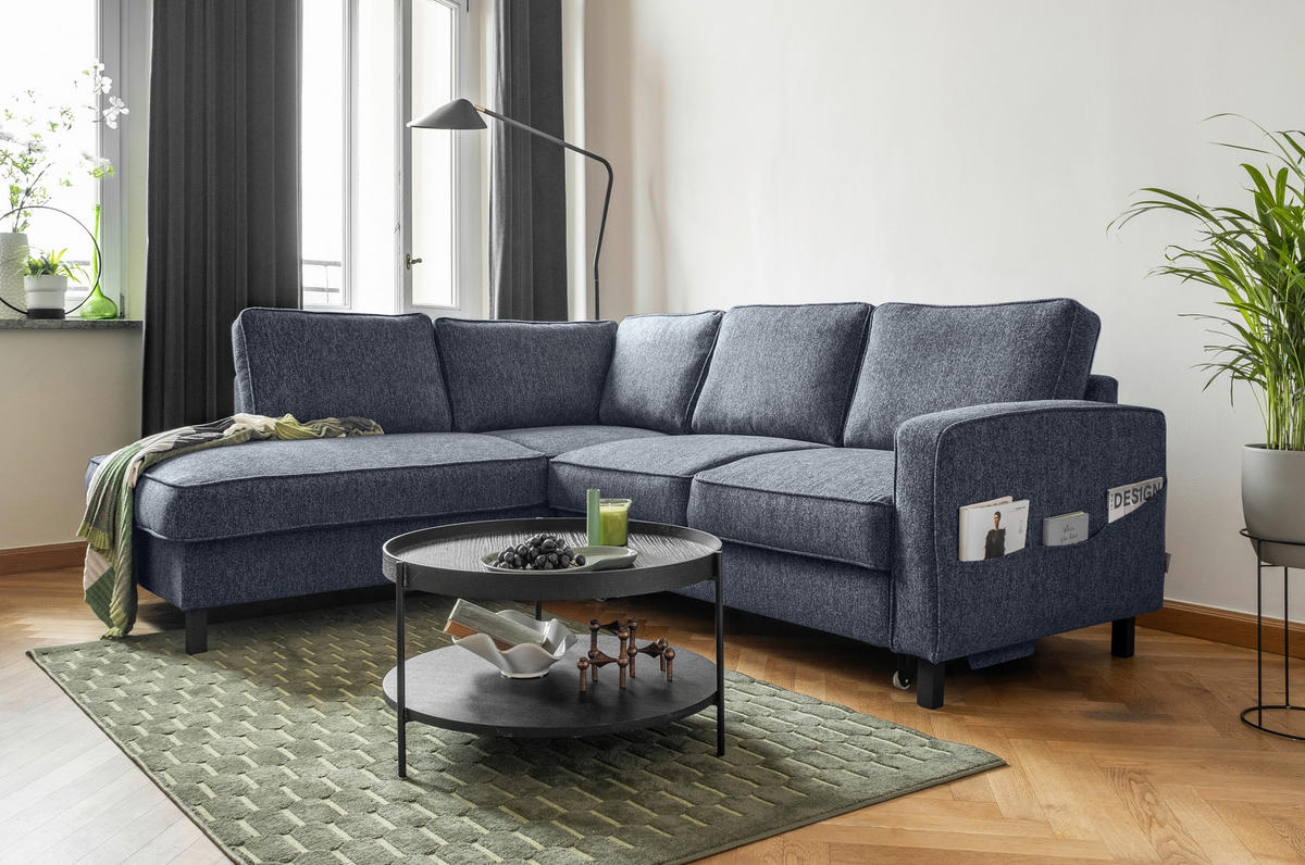 ECKSOFA in Struktur Dunkelblau  - Schwarz/Dunkelblau, Holz/Textil (198/233cm) - MID.YOU