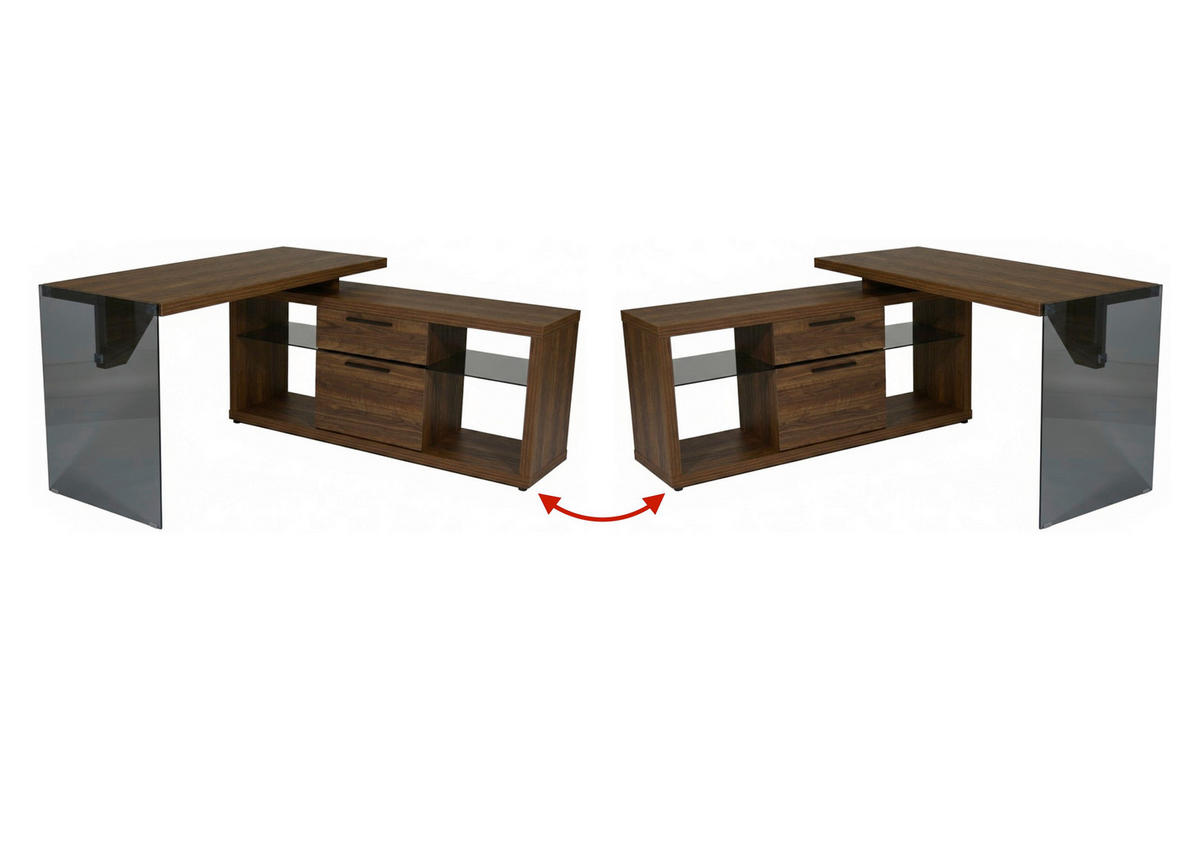 ECKSCHREIBTISCH 141,8/140/74 cm Walnussfarben Stauraum, seitenverkehrt montierbar  - Walnussfarben/Schwarz, Design, Glas/Holzwerkstoff (141,8/140/74cm) - MID.YOU