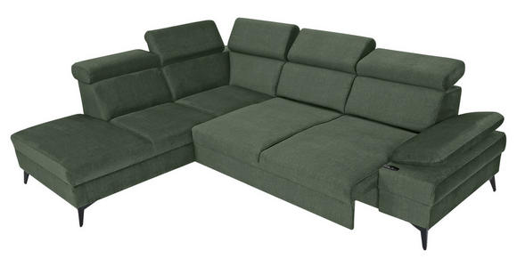 ECKSOFA Dunkelgrün Flachgewebe Rücken echt, Kopfteilverstellung, Sitzvorzug  - Dunkelgrün/Schwarz, MODERN, Textil/Metall (210/258cm) - Landscape