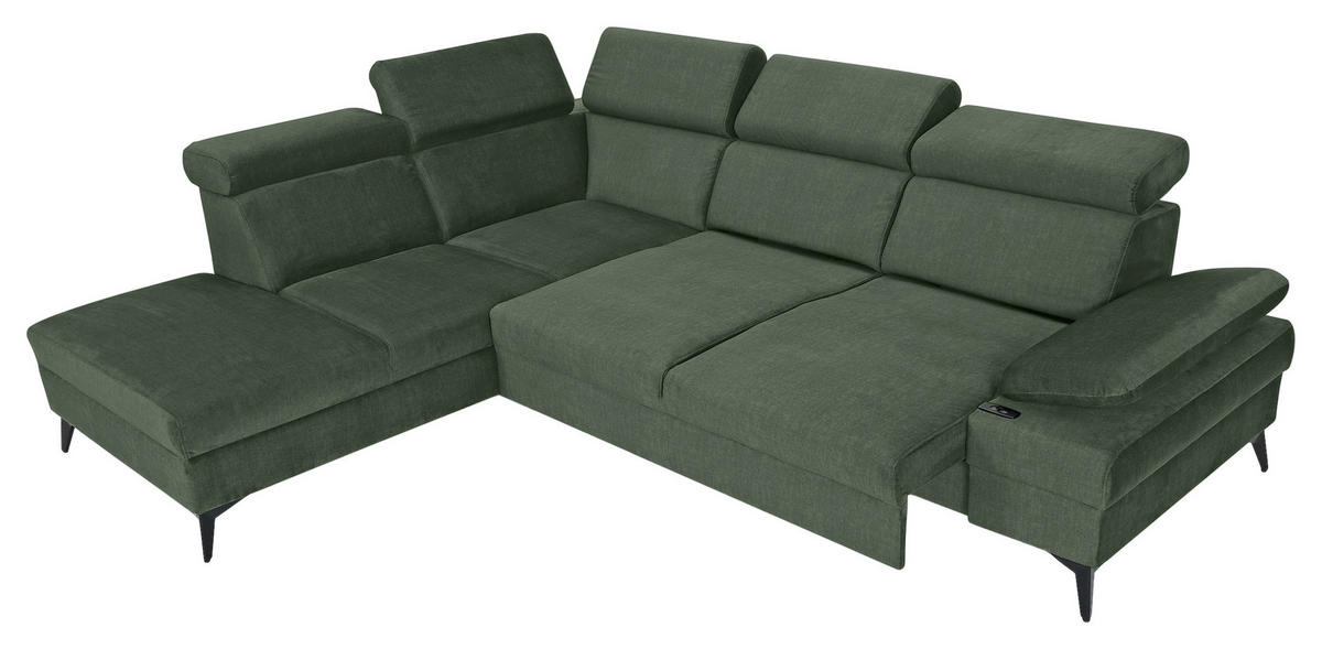 ECKSOFA Dunkelgrün Flachgewebe Rücken echt, Kopfteilverstellung, Sitzvorzug  - Dunkelgrün/Schwarz, MODERN, Textil/Metall (210/258cm) - Landscape