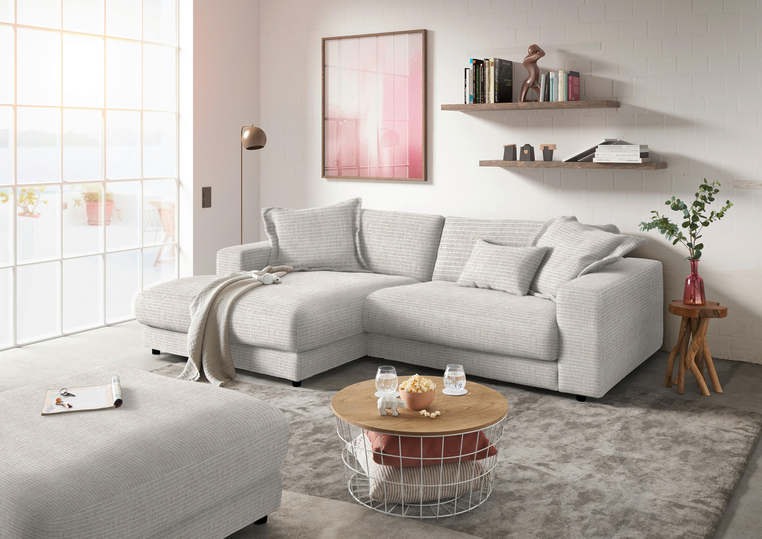 ECKSOFA in Chenille Hellgrau  - Hellgrau/Schwarz, Design, Kunststoff/Textil (190/270cm) - Lomoco