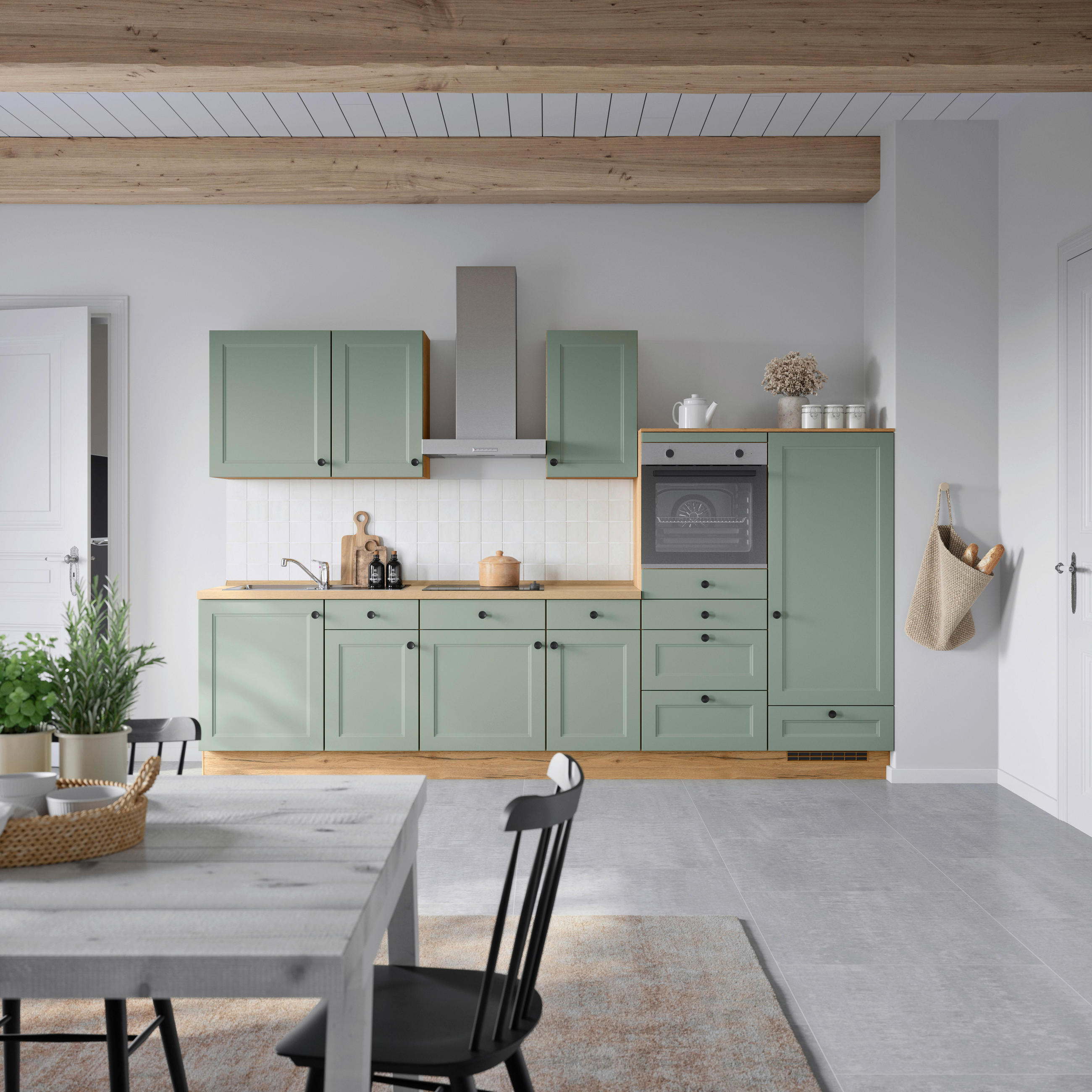 BUCĂTĂRIE FĂRĂ ELECTROCASNICE  - verde/culoare lemn stejar, Modern, metal/material pe bază de lemn (330cm) - Nobilia