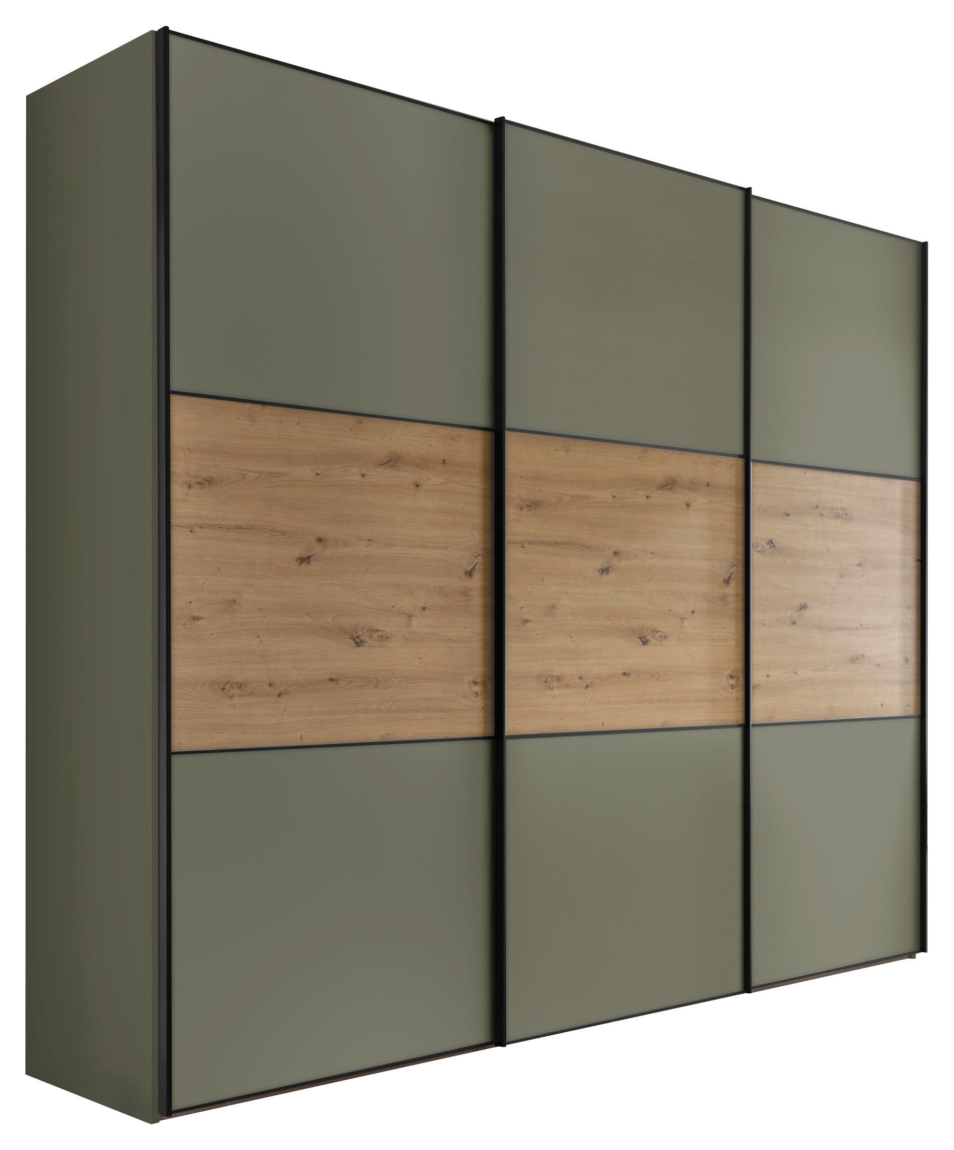 Moderano Schwebetürenschrank Salbeigrün, Eiche Artisan 249x222x68 cm
